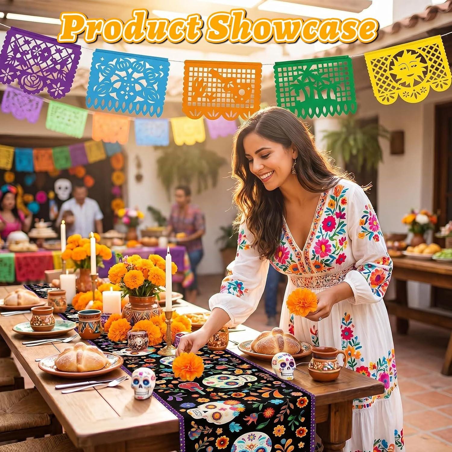 Mexican Fiesta Party Decor Set: Papel Picado Banners, Marigold Garland, Linen Table Runner