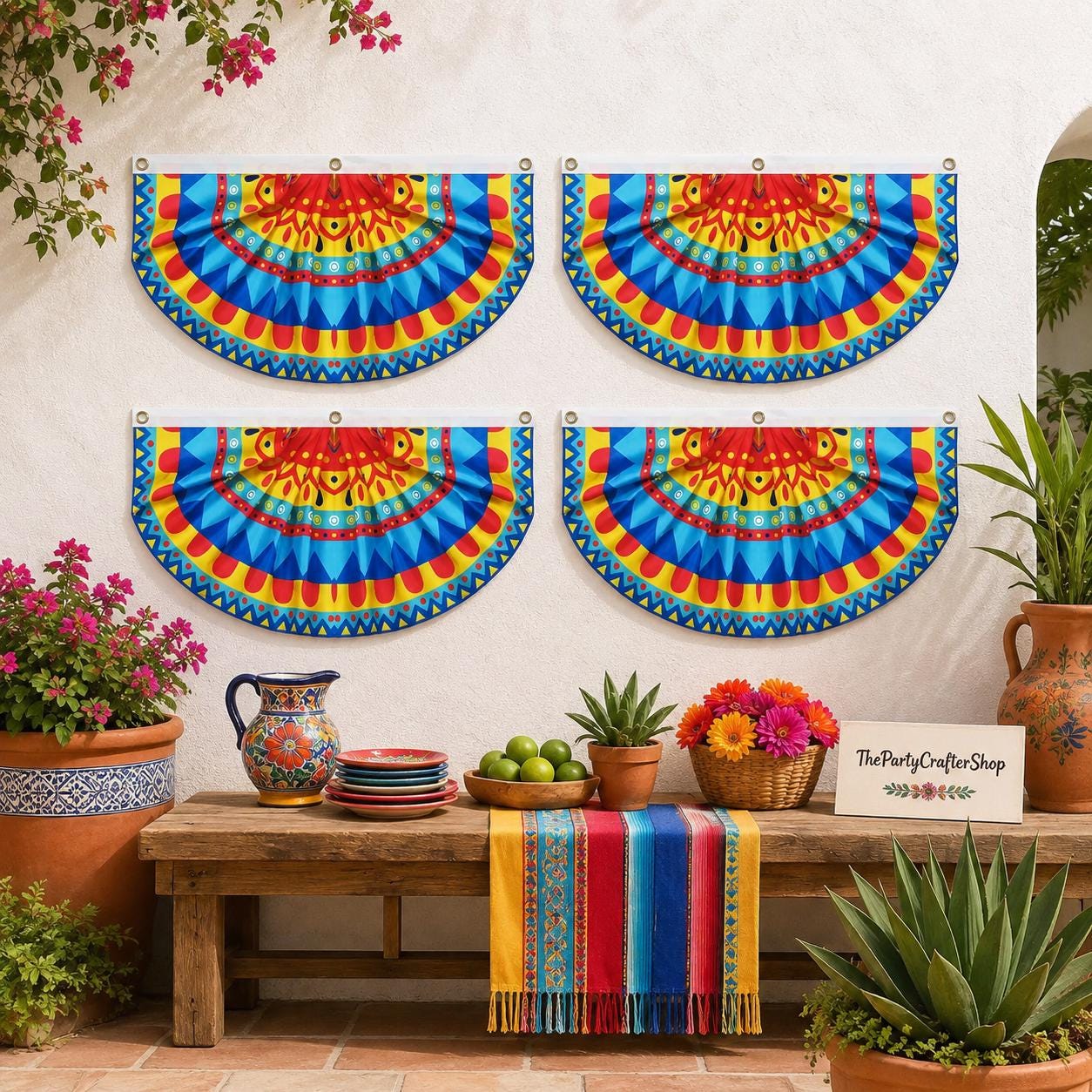 Mexican Fiesta Bunting Flags, Colorful Semicircle Party Decor (4PCS)