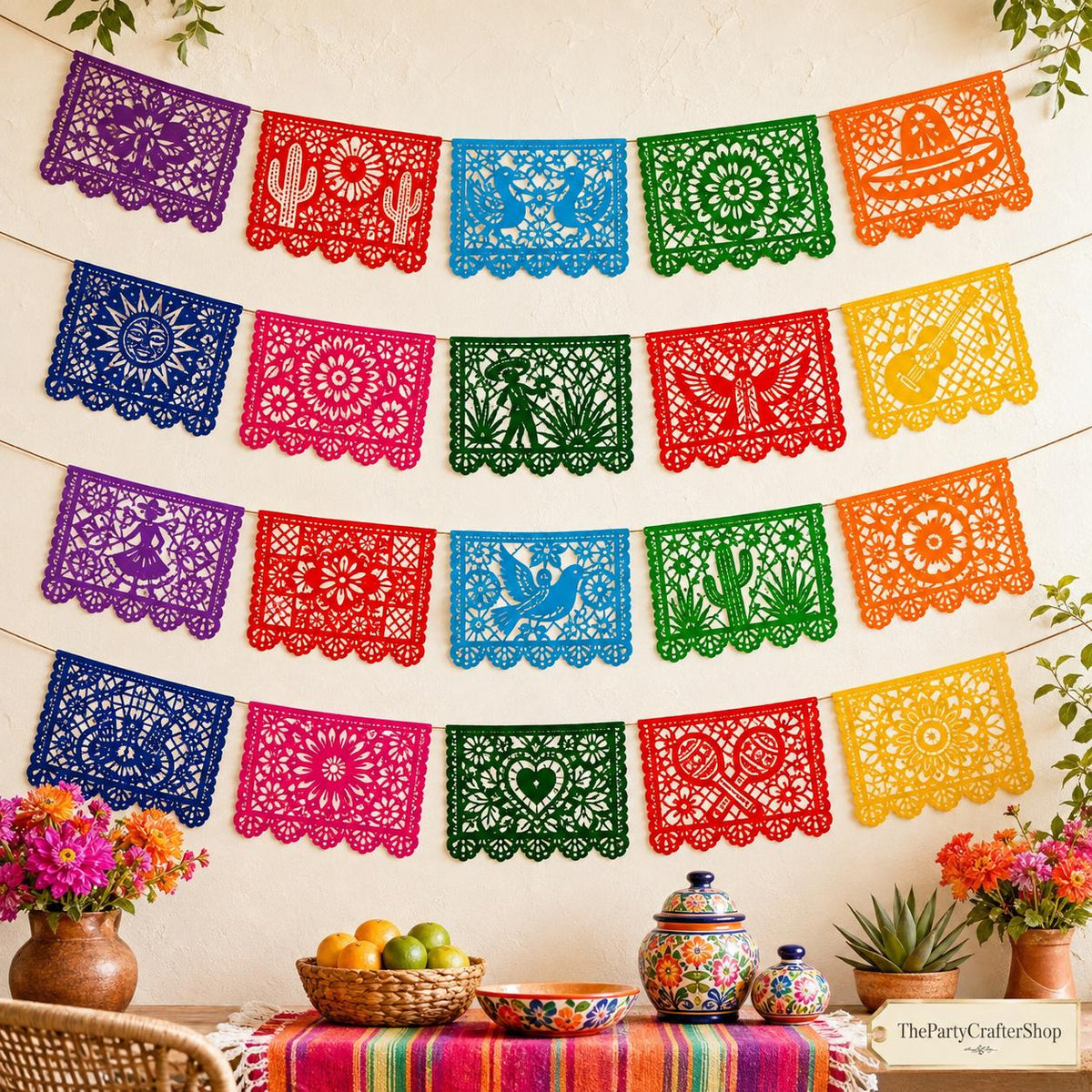 Mexican Papel Picado Banner Set, 5-Pack Multicolor Fiesta Garland (82FT)
