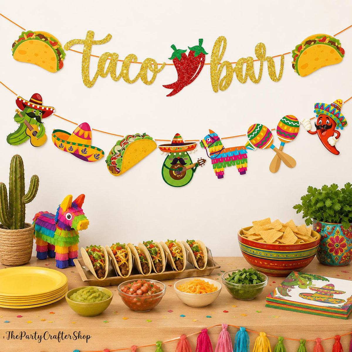 Mexican Fiesta Taco Bar Banner Set, Cactus Donkey Maraca Sombrero Garland (2 Pack)
