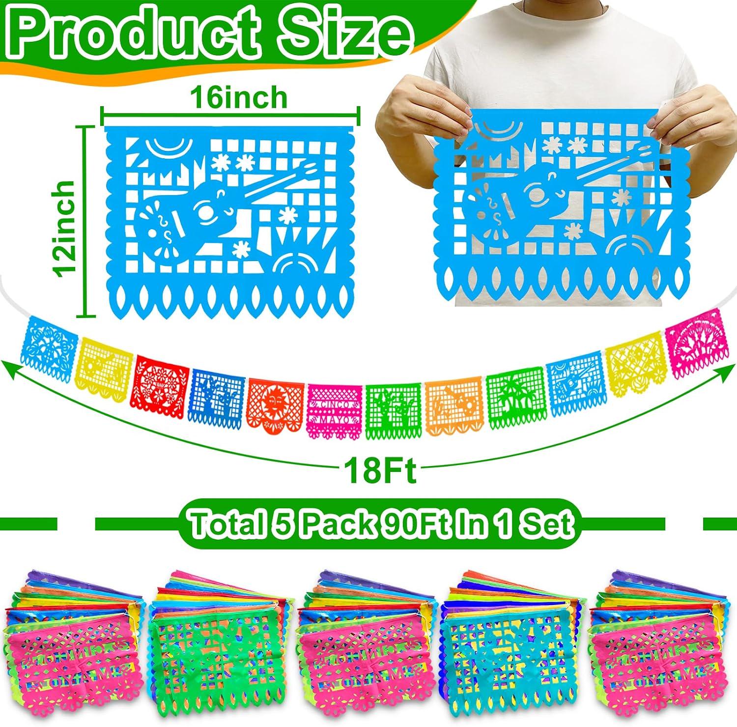 Mexican Papel Picado Banner Set, 5 Pack 90FT, 12 Pattern Fiesta Garland (PVC)