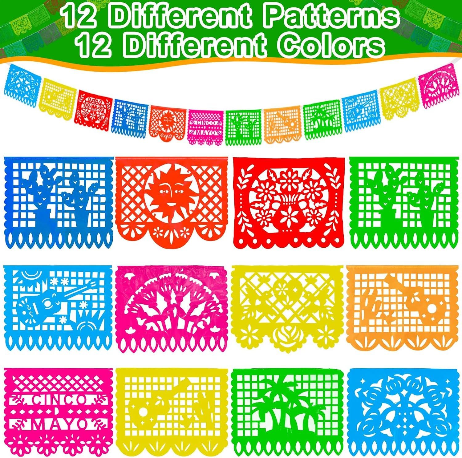 Mexican Papel Picado Banner Set, 5 Pack 90FT, 12 Pattern Fiesta Garland (PVC)
