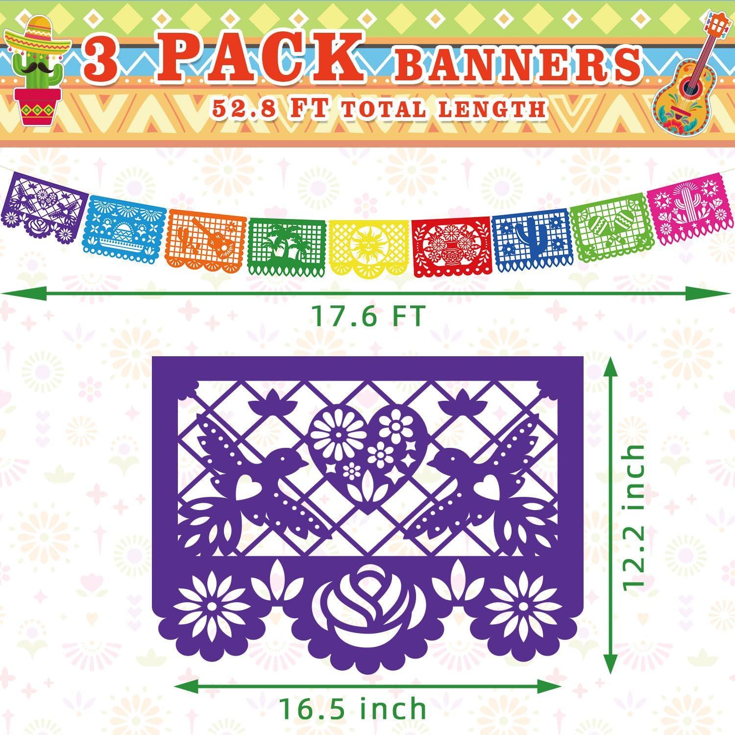 Mexican Papel Picado Banner Set, 54FT Plastic Fiesta Garland (3 Pack)