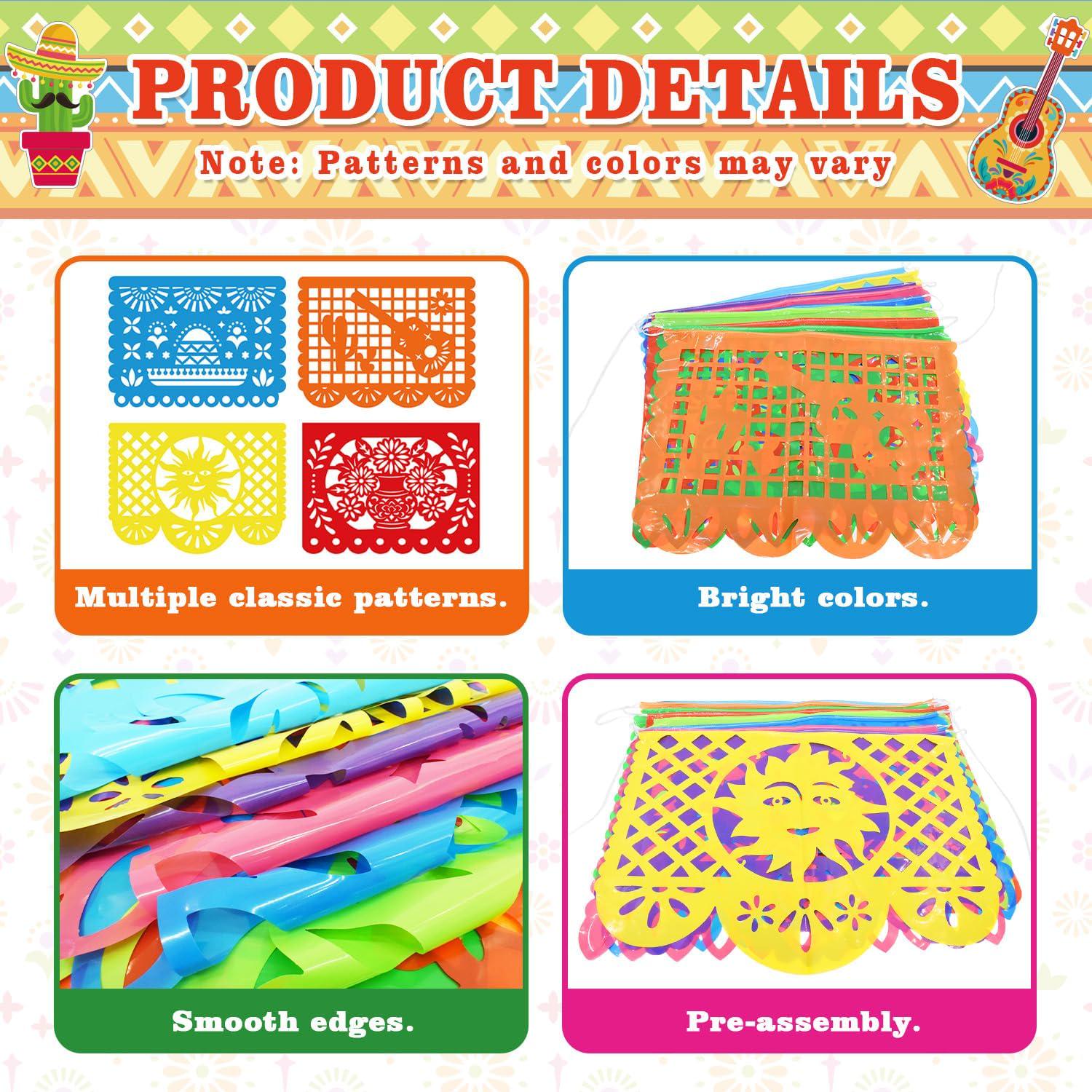 Mexican Papel Picado Banner Set, 54FT Plastic Fiesta Garland (3 Pack)