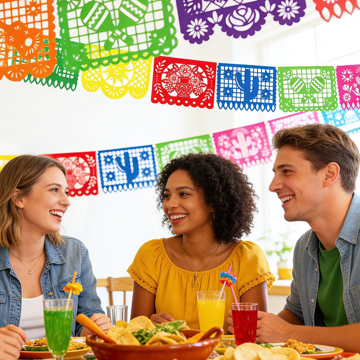 Mexican Papel Picado Banner Set, 54FT Plastic Fiesta Garland (3 Pack)