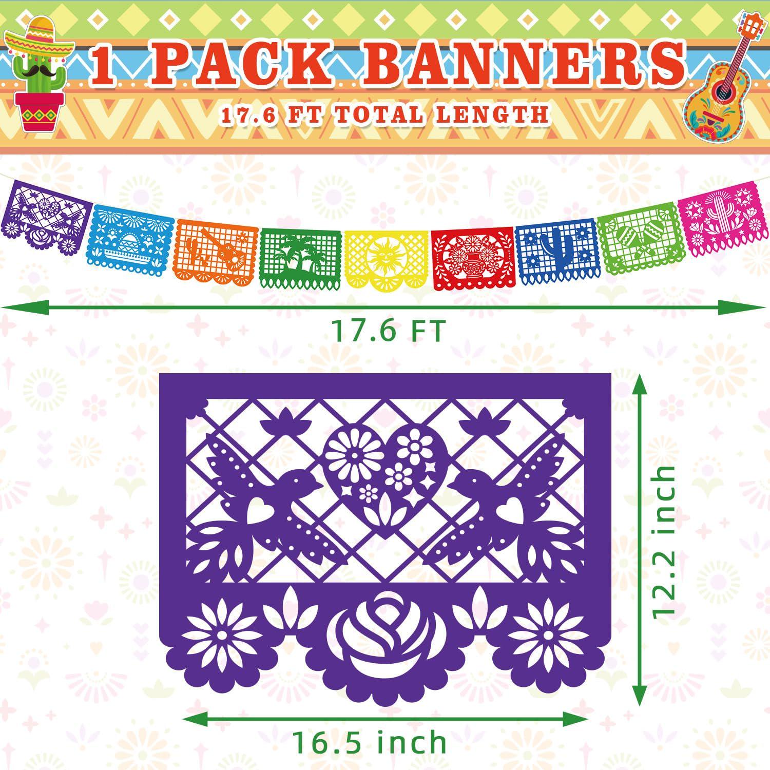 18FT Papel Picado Banner, Mexican Fiesta Flags, Rainbow Cutout Decor