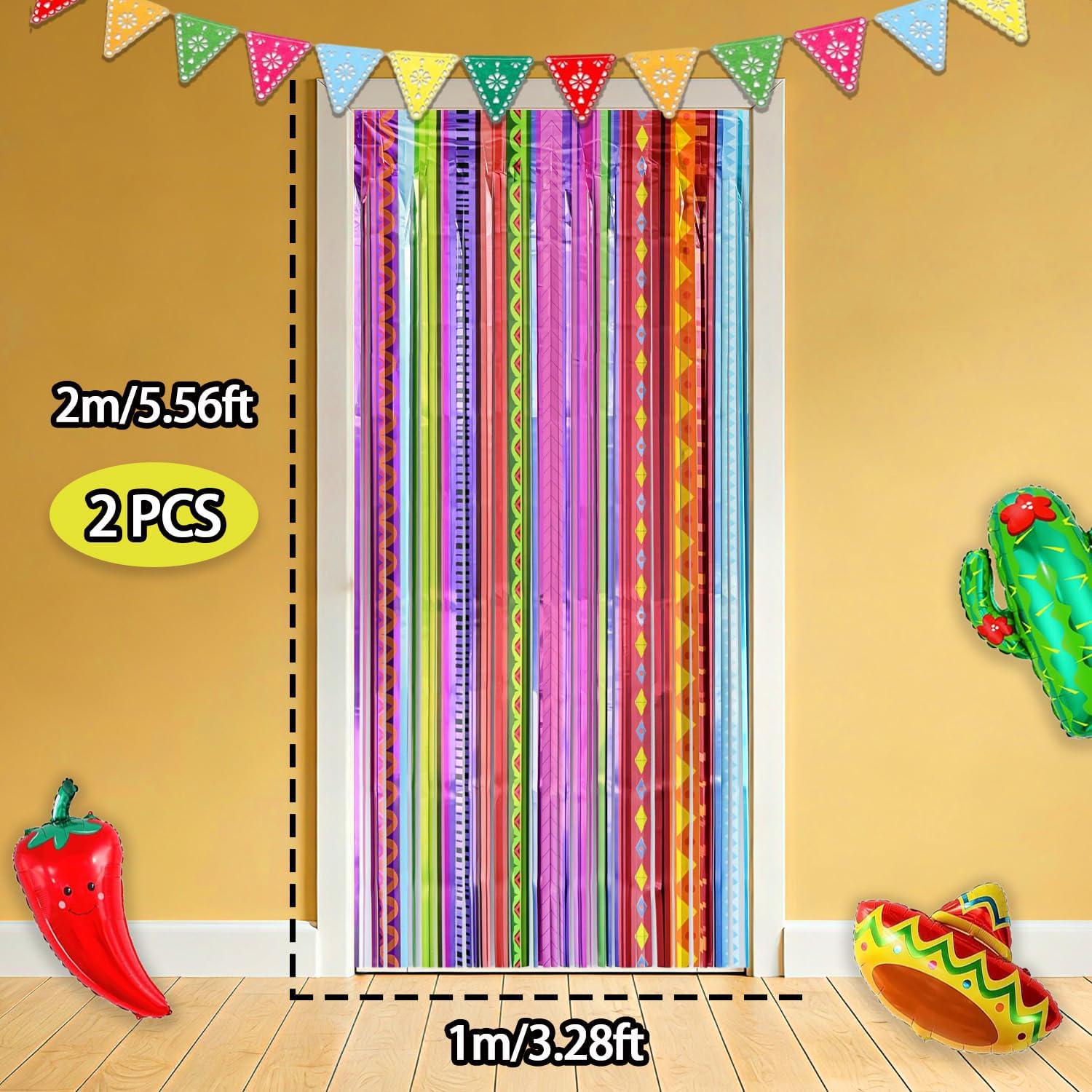 Mexican Fiesta Foil Curtain Backdrop, Rainbow Tinsel Streamers (2 Pack)