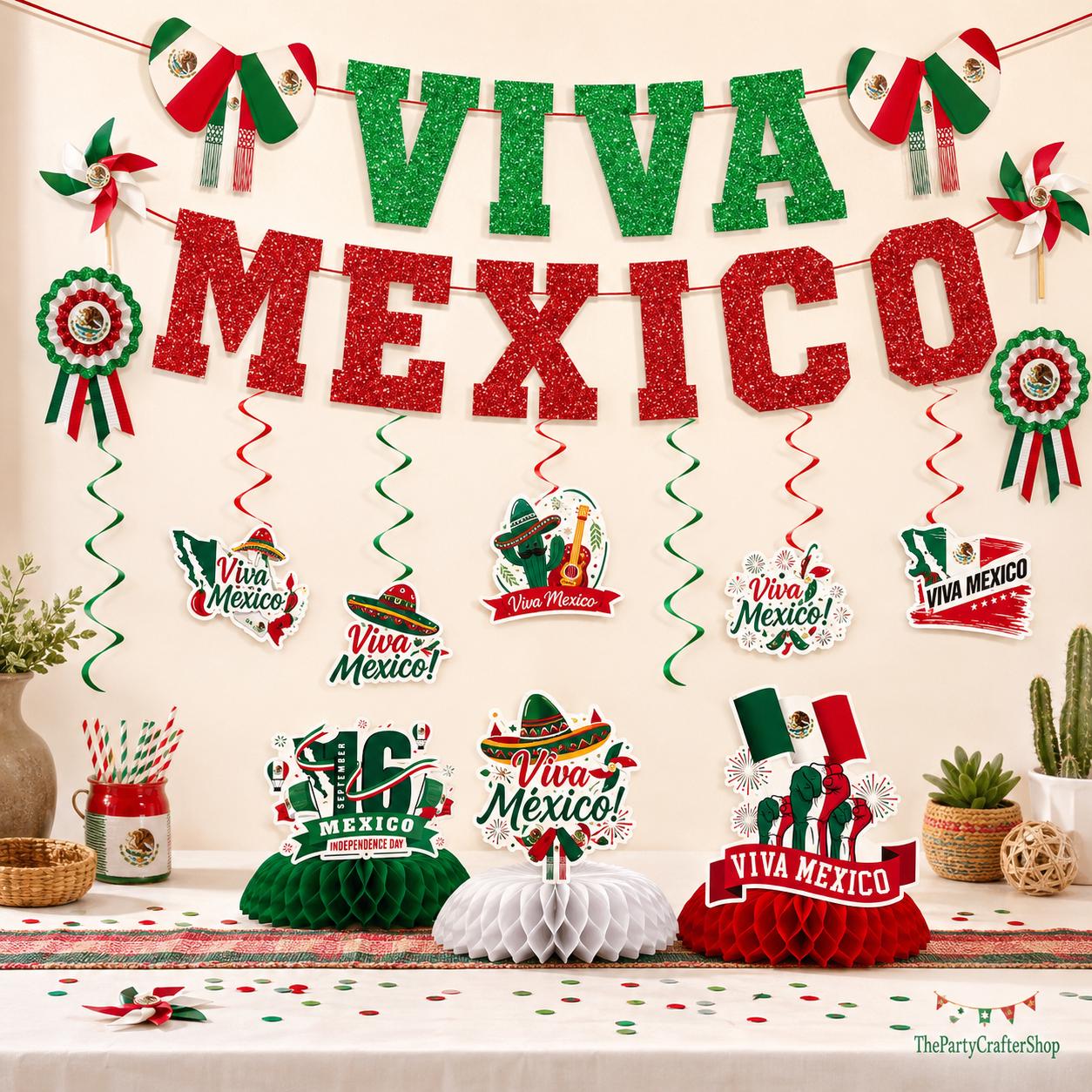Mexican Independence Day Decorations 12PCS, Viva Mexico Banner Swirls Honeycomb Centerpieces, Fiesta Party Decor