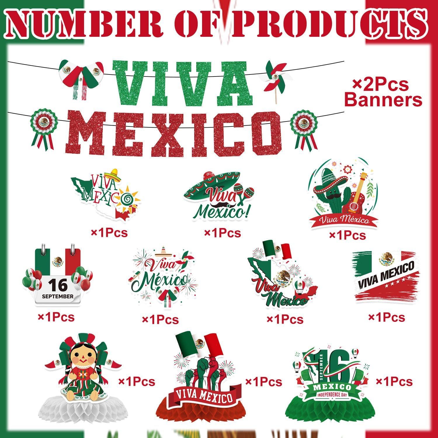 Mexican Independence Day Decorations 12PCS, Viva Mexico Banner Swirls Honeycomb Centerpieces, Fiesta Party Decor
