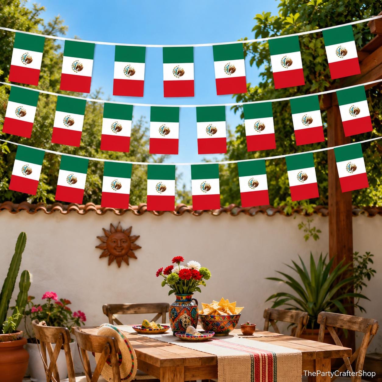 Mexico Flag Bunting, 60 Mini Flags, Polyester, Waterproof, Fade Resistant (66FT)