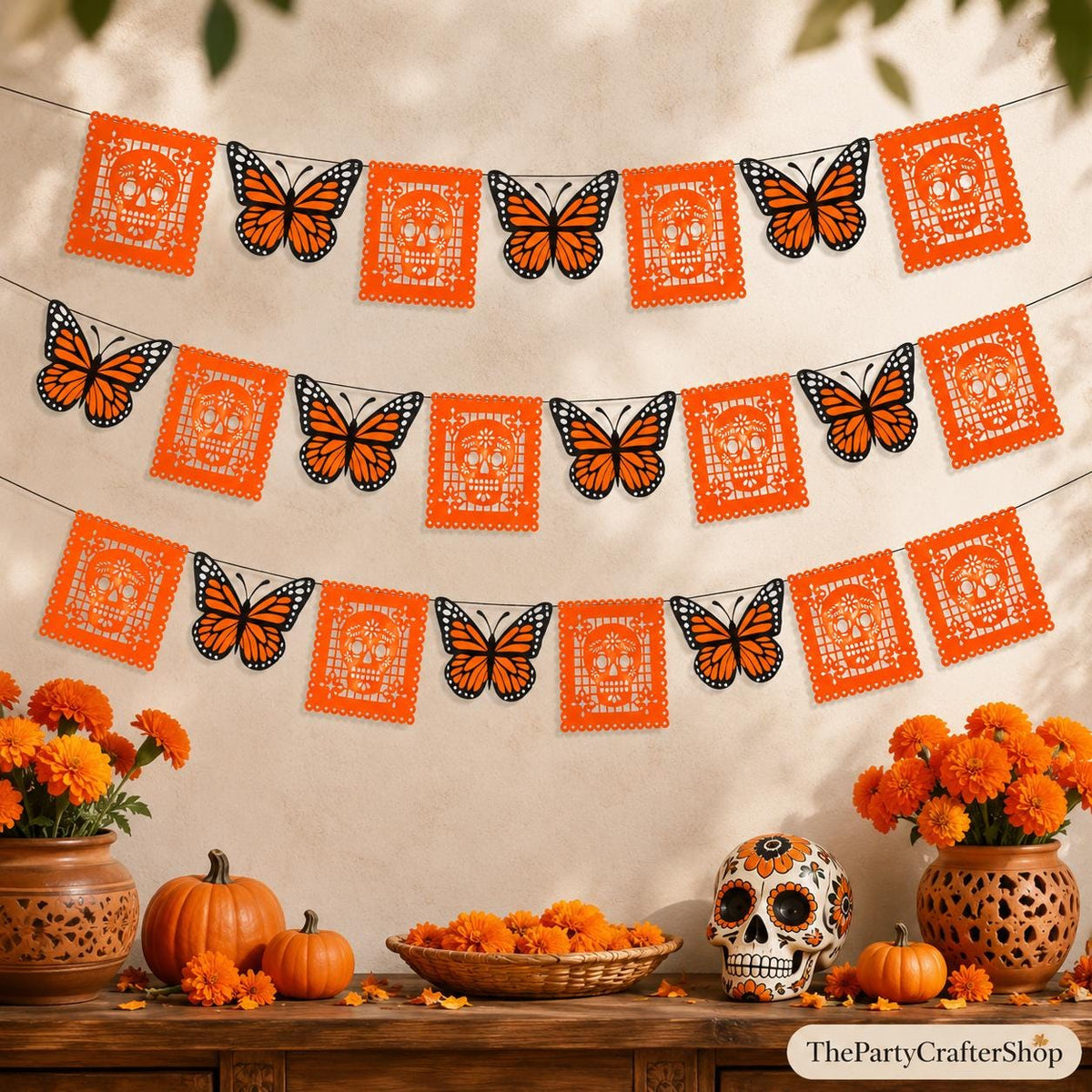 Butterfly Papel Picado Banner, Dia de los Muertos Decorations (6 Pack)