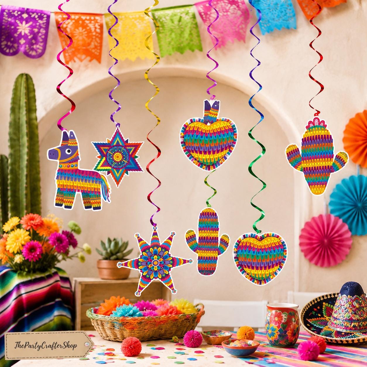 Mexican Fiesta Hanging Swirls, Cactus Birthday Party Decor (30PCS)