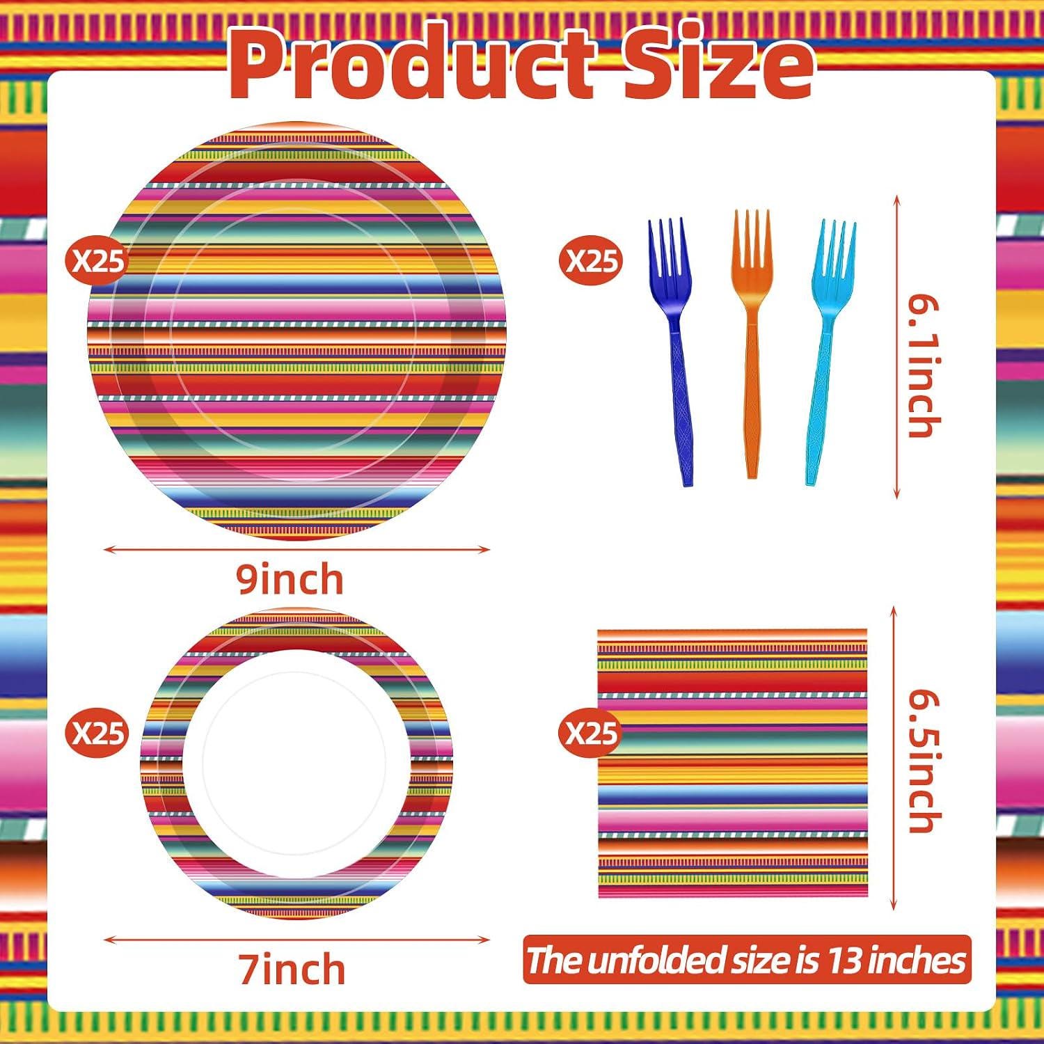 Mexican Fiesta Tableware Set, Serape Stripe Plates, Napkins, Forks (100 Pieces)