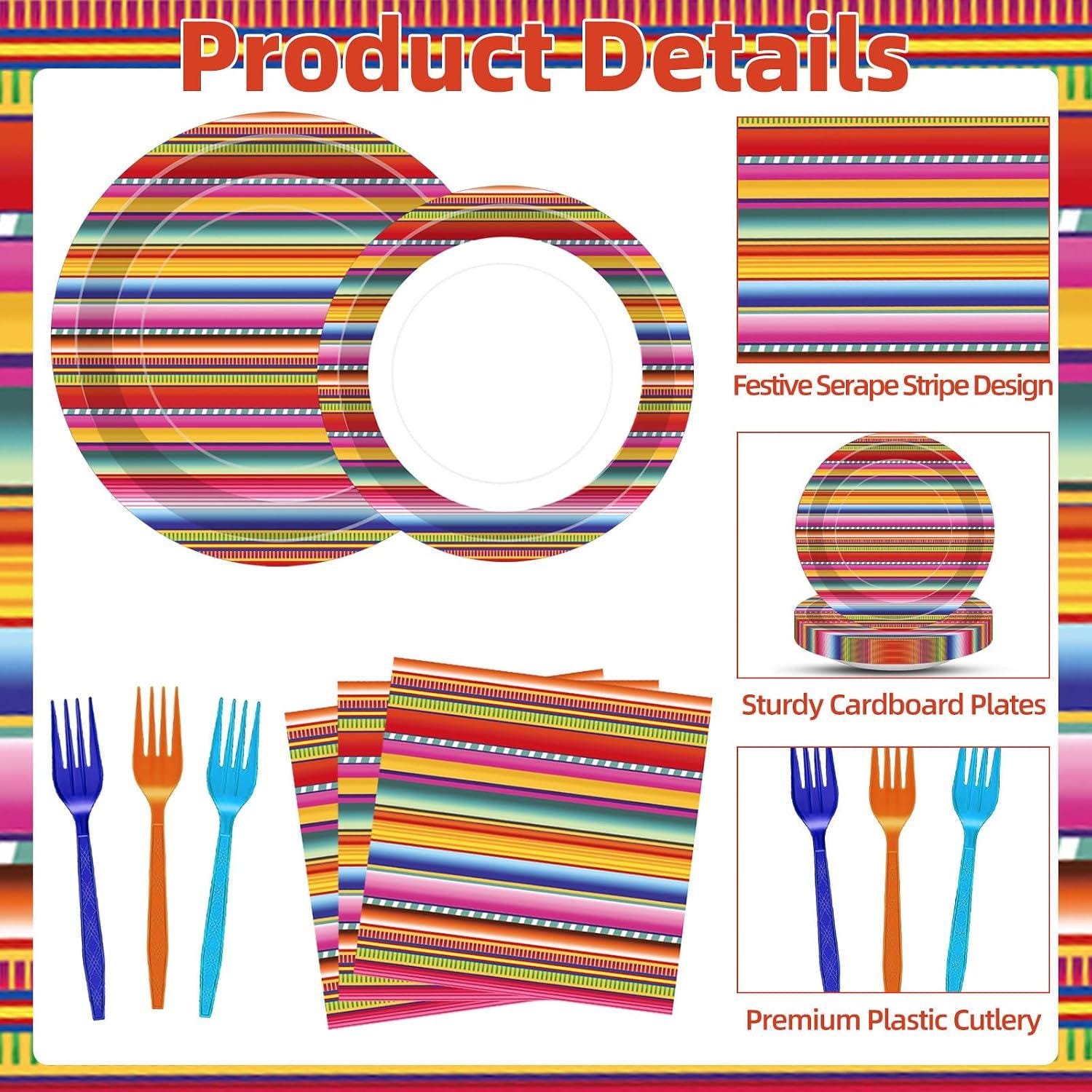 Mexican Fiesta Tableware Set, Serape Stripe Plates, Napkins, Forks (100 Pieces)