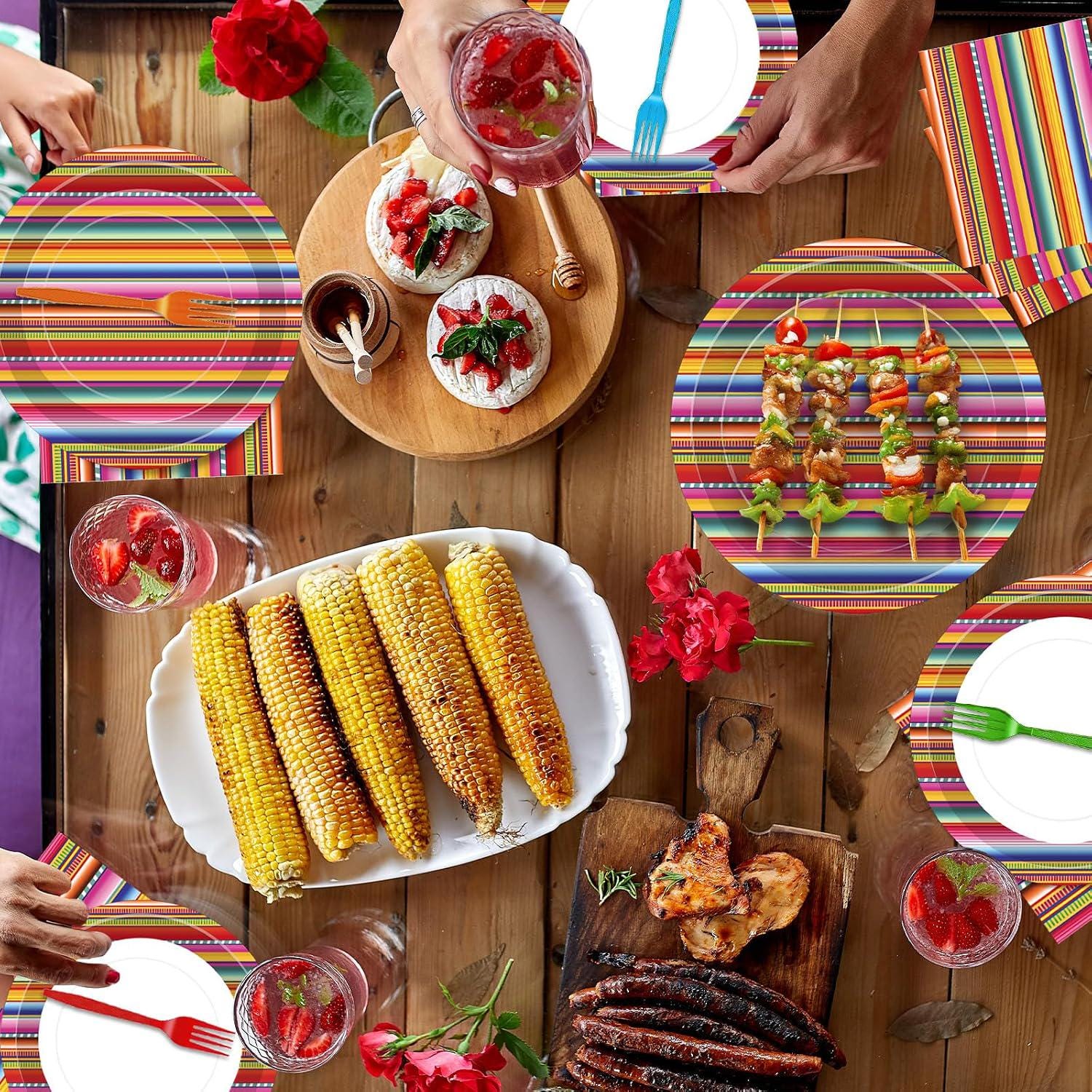 Mexican Fiesta Tableware Set, Serape Stripe Plates, Napkins, Forks (100 Pieces)