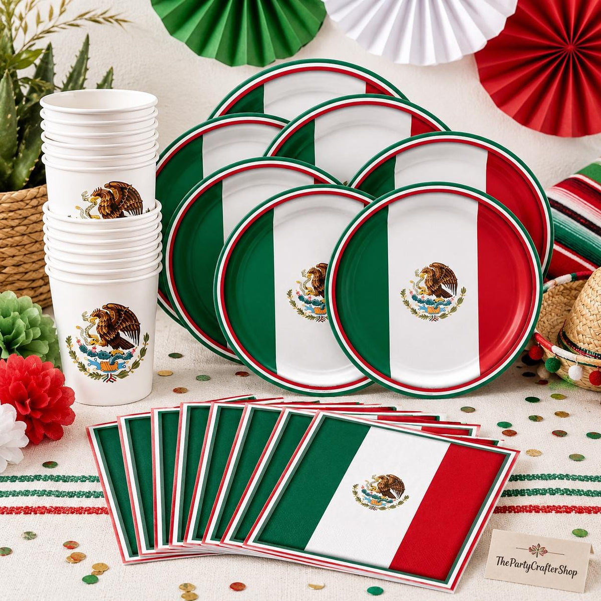 Mexico Flag Party Supplies Set, 16 Guests, Fiesta Tableware Kit