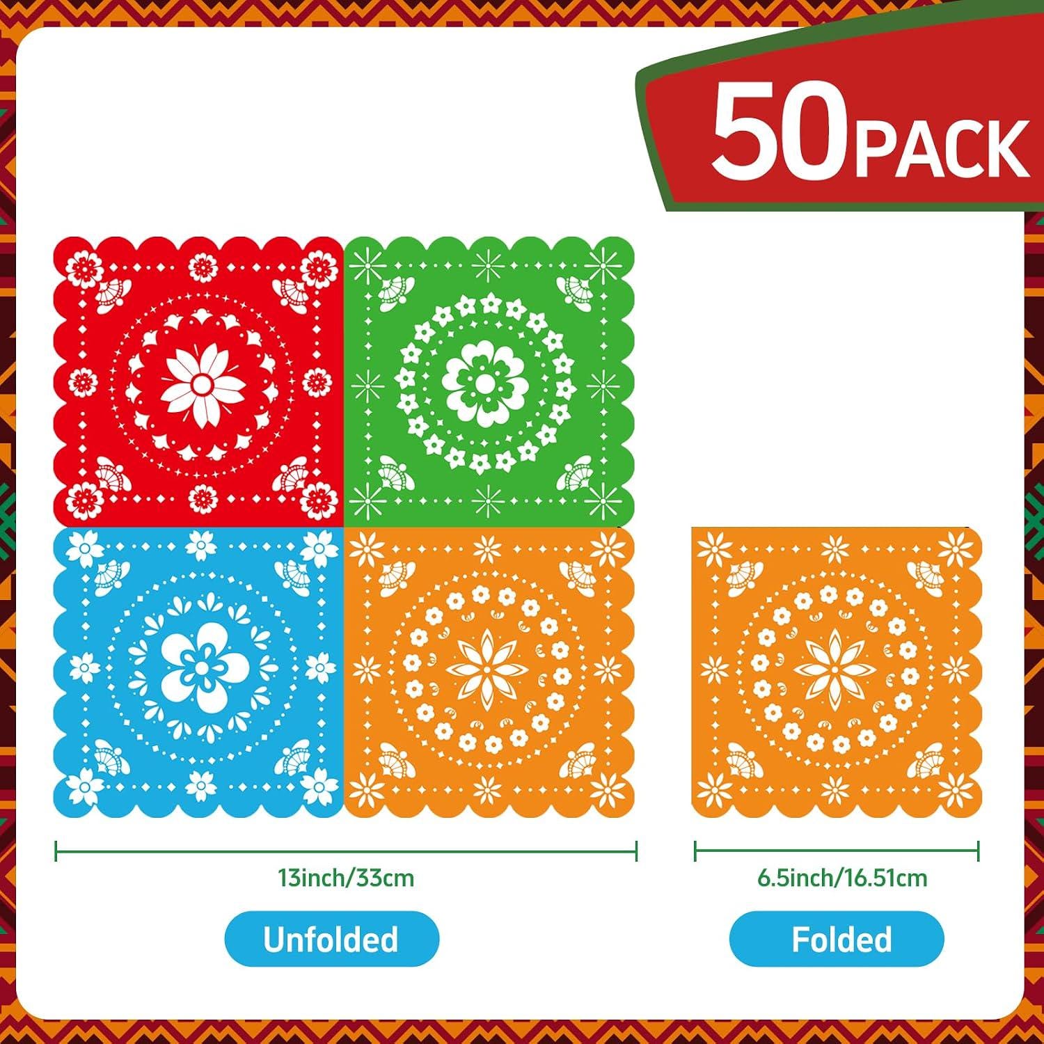 Mexican Fiesta Papel Picado Napkins, 50 Count, 13x13 Inch, Vibrant Party Decorations