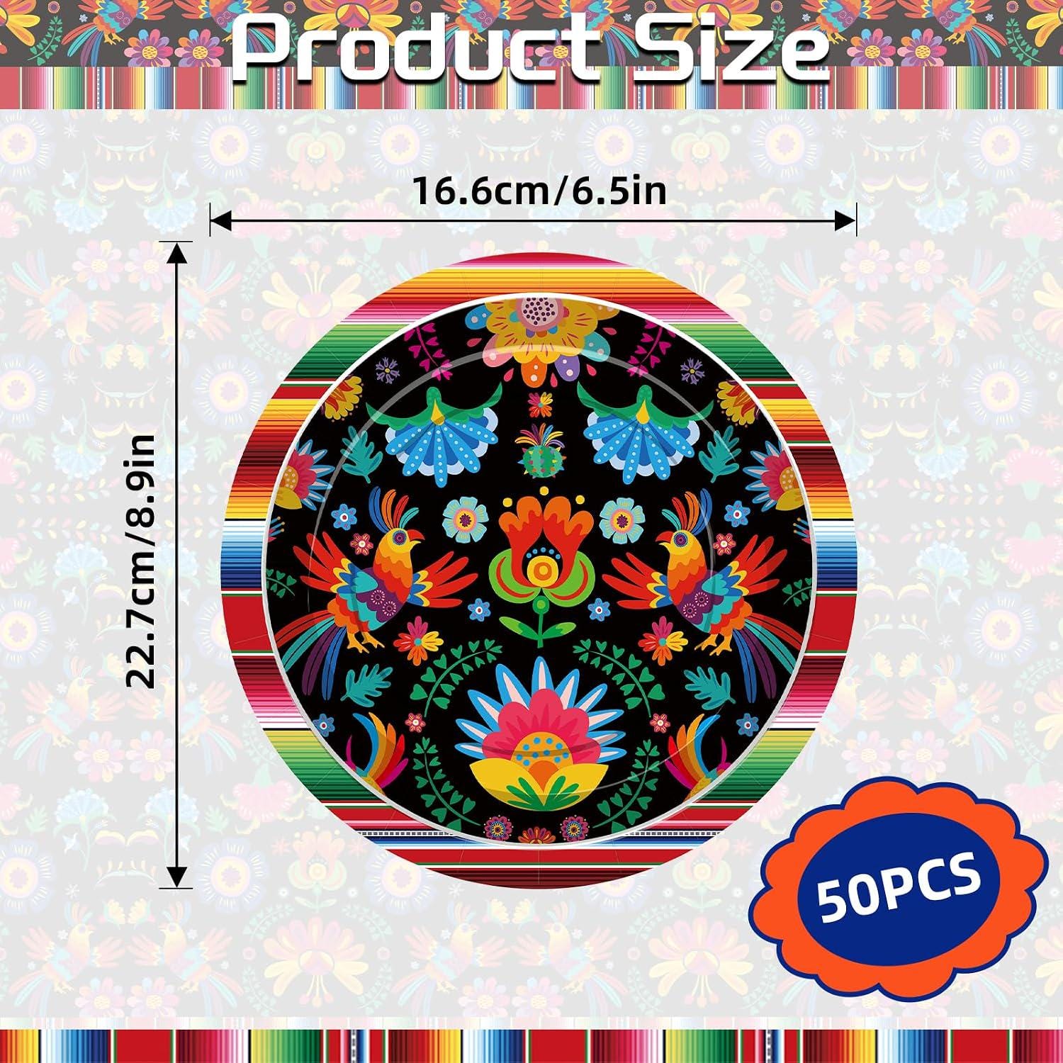 Mexican Fiesta Paper Plates, 9 Inch Floral Serape Stripes (50 Count)