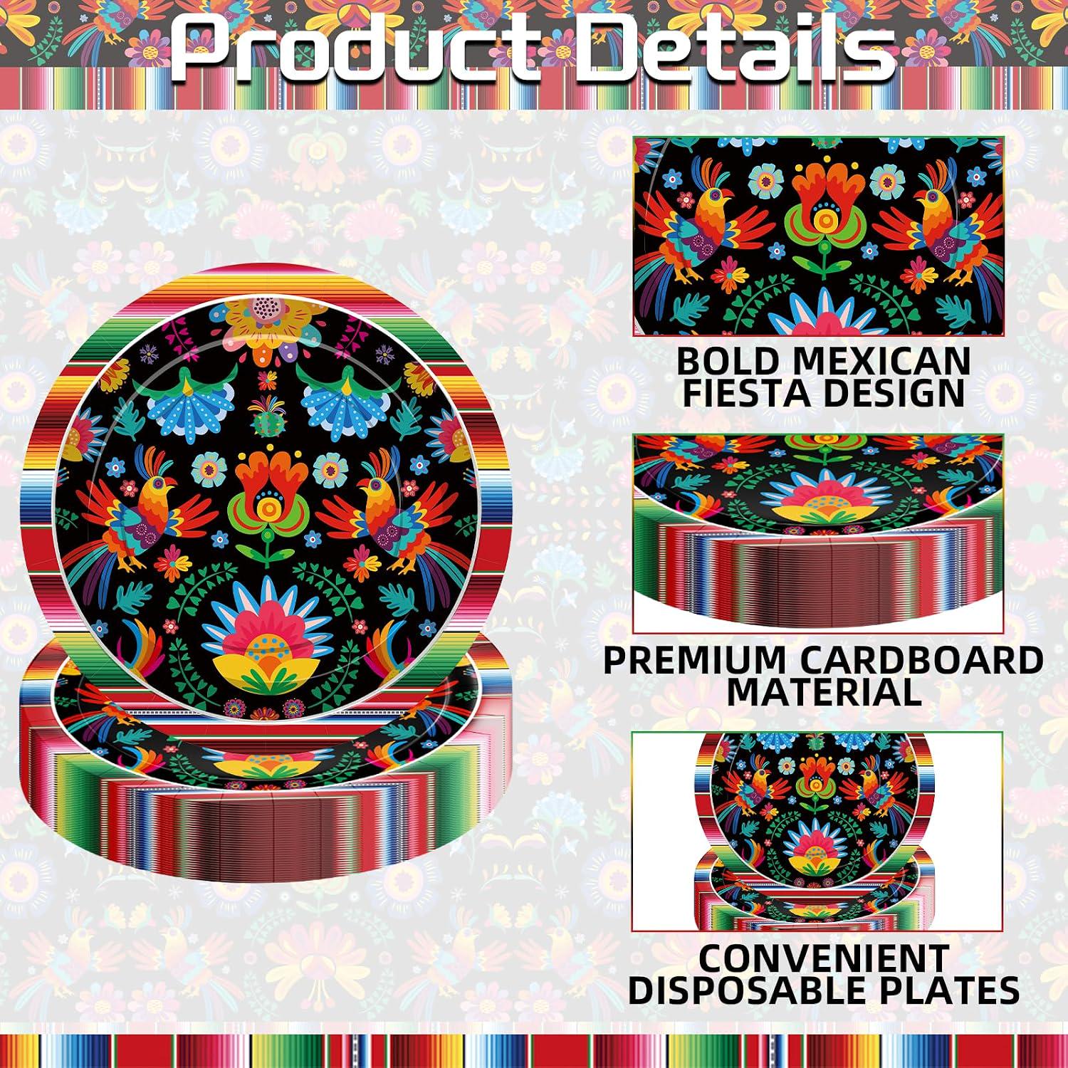 Mexican Fiesta Paper Plates, 9 Inch Floral Serape Stripes (50 Count)