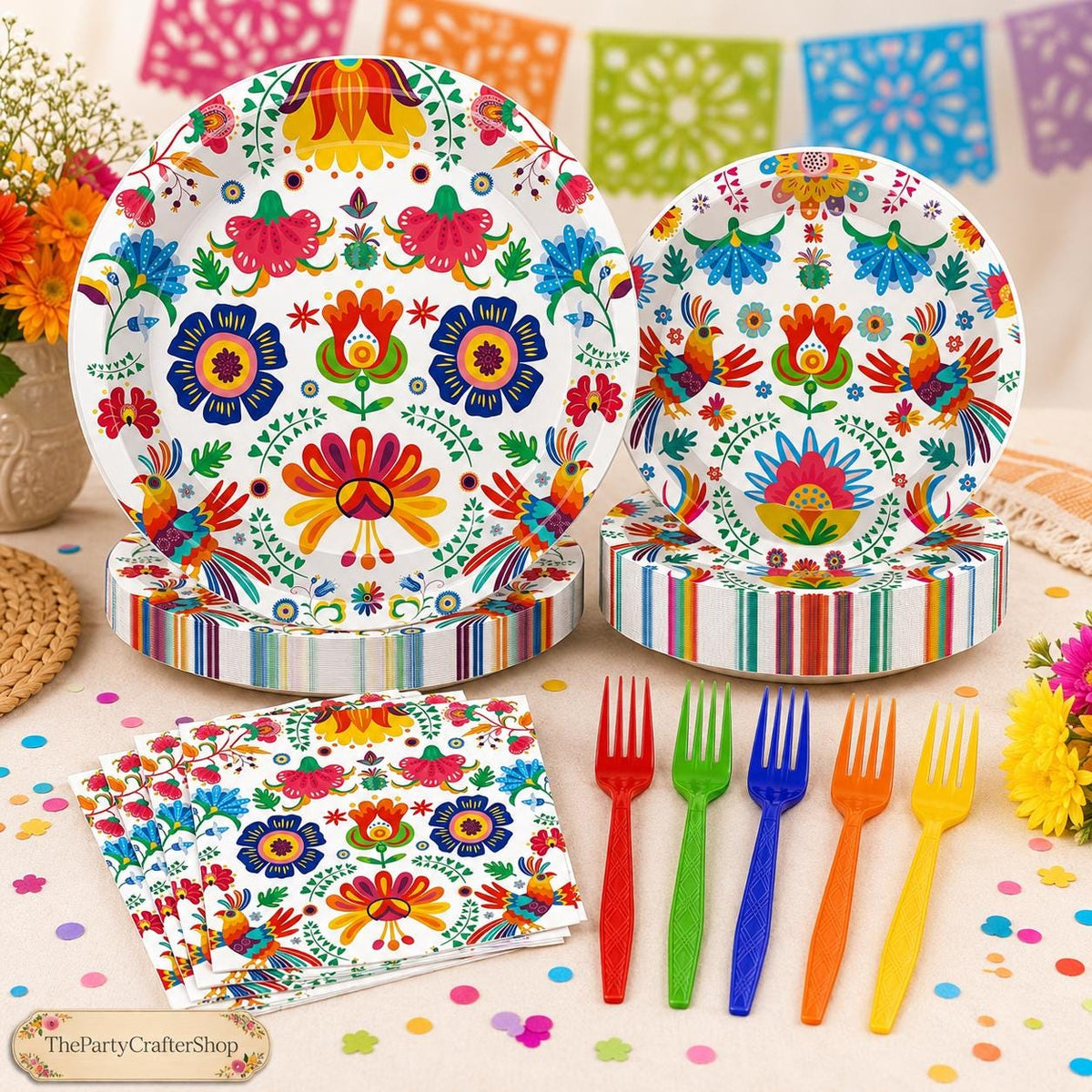 Mexican Fiesta Tableware Set, Floral Bird Plates, Napkins, Forks (100 Pieces)