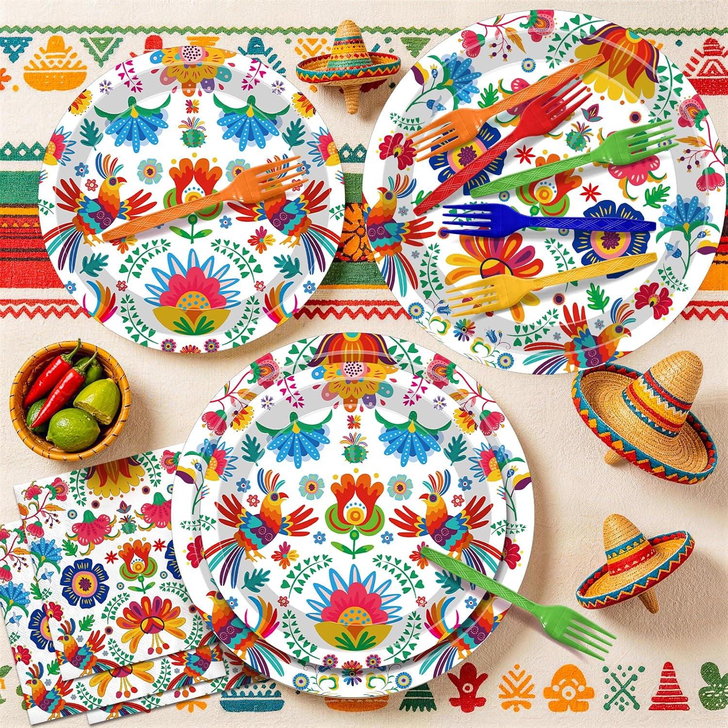 Mexican Fiesta Tableware Set, Floral Bird Plates, Napkins, Forks (100 Pieces)