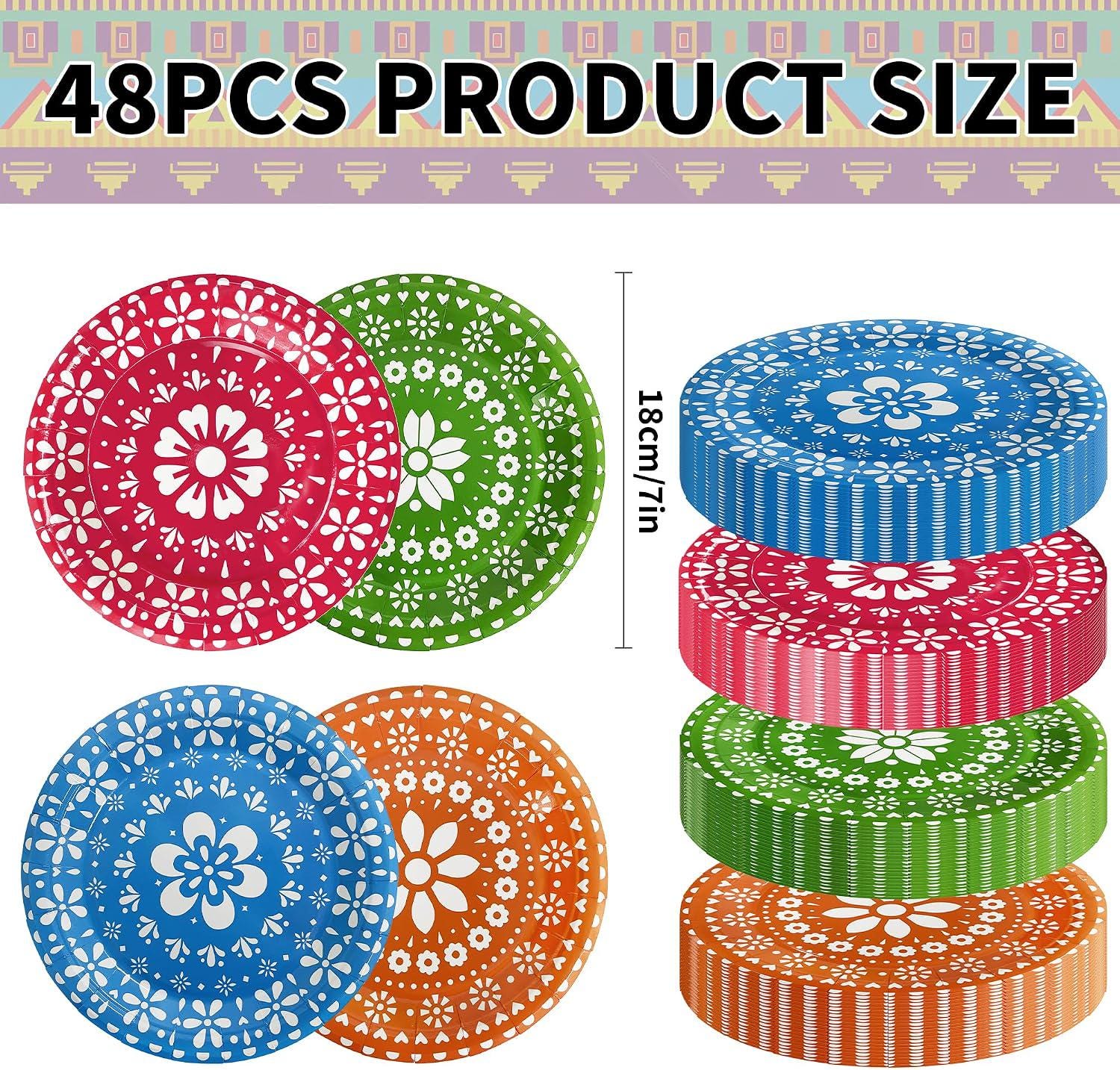 Fiesta Paper Plates, 7 Inch Mexican Party Decorations (48 PCS)