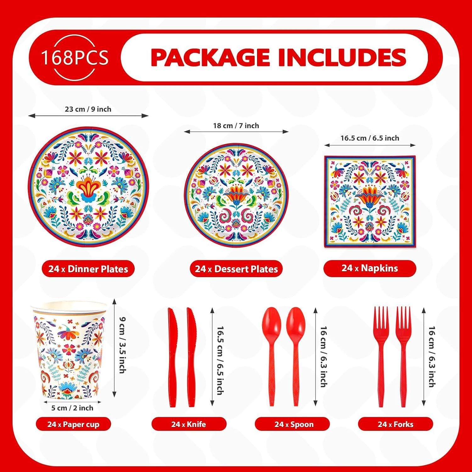 Mexican Fiesta Tableware Set, Floral Mandala Plates, Napkins, Cups, Utensils (168PCS)