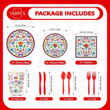 Mexican Fiesta Tableware Set, Floral Mandala Plates, Napkins, Cups, Utensils (168PCS)