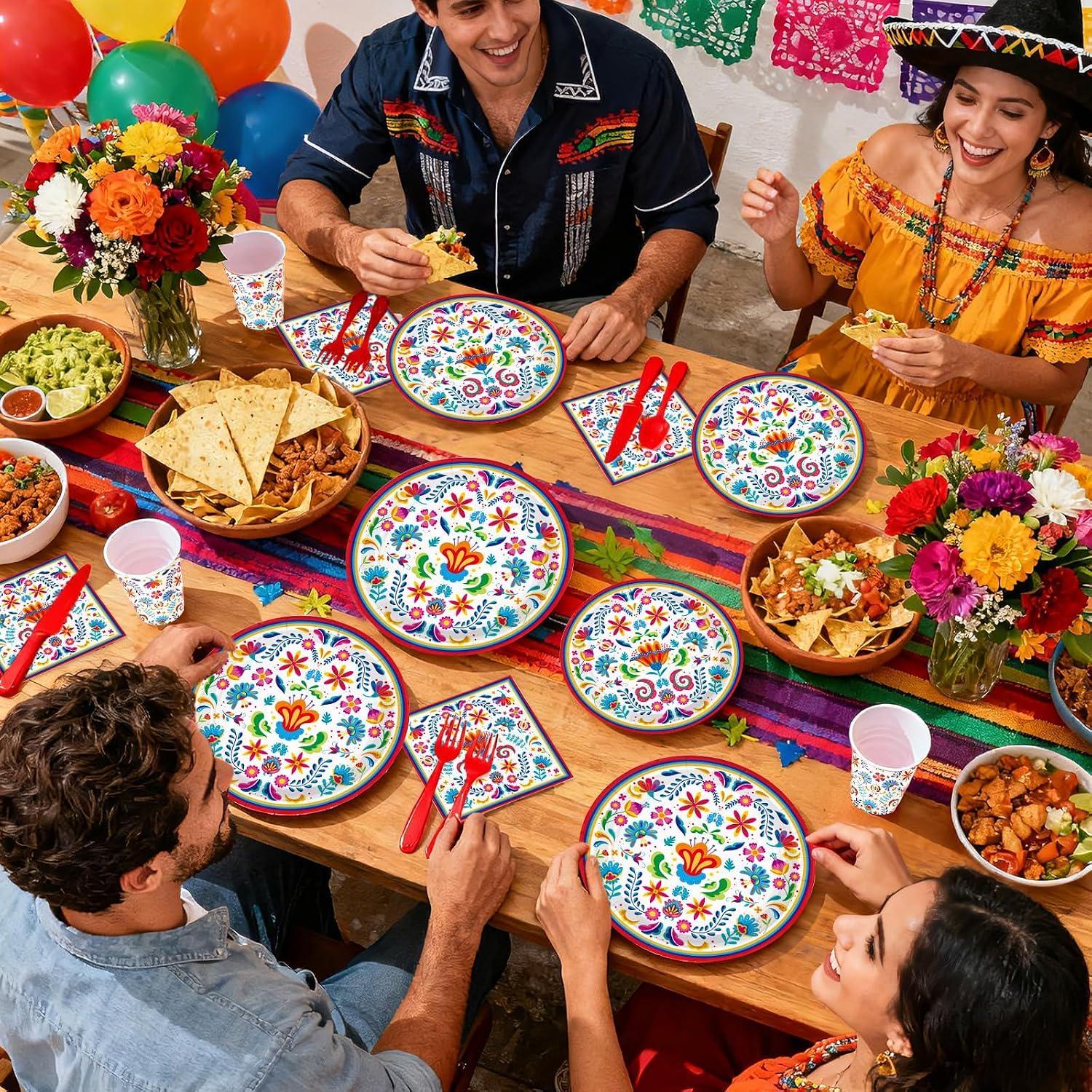 Mexican Fiesta Tableware Set, Floral Mandala Plates, Napkins, Cups, Utensils (168PCS)