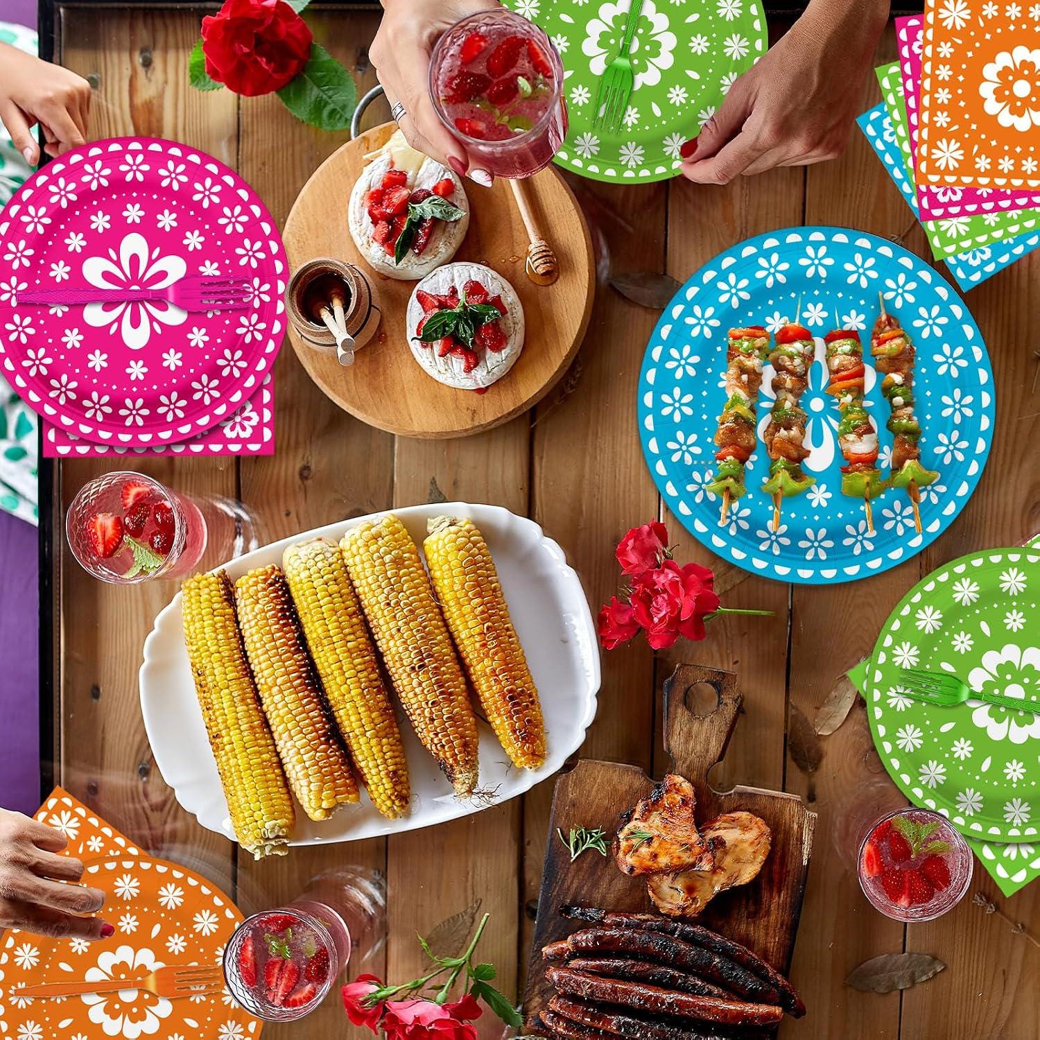 Mexican Fiesta Tableware Set, Papel Picado Floral Plates, Napkins, Forks (96 Pieces)