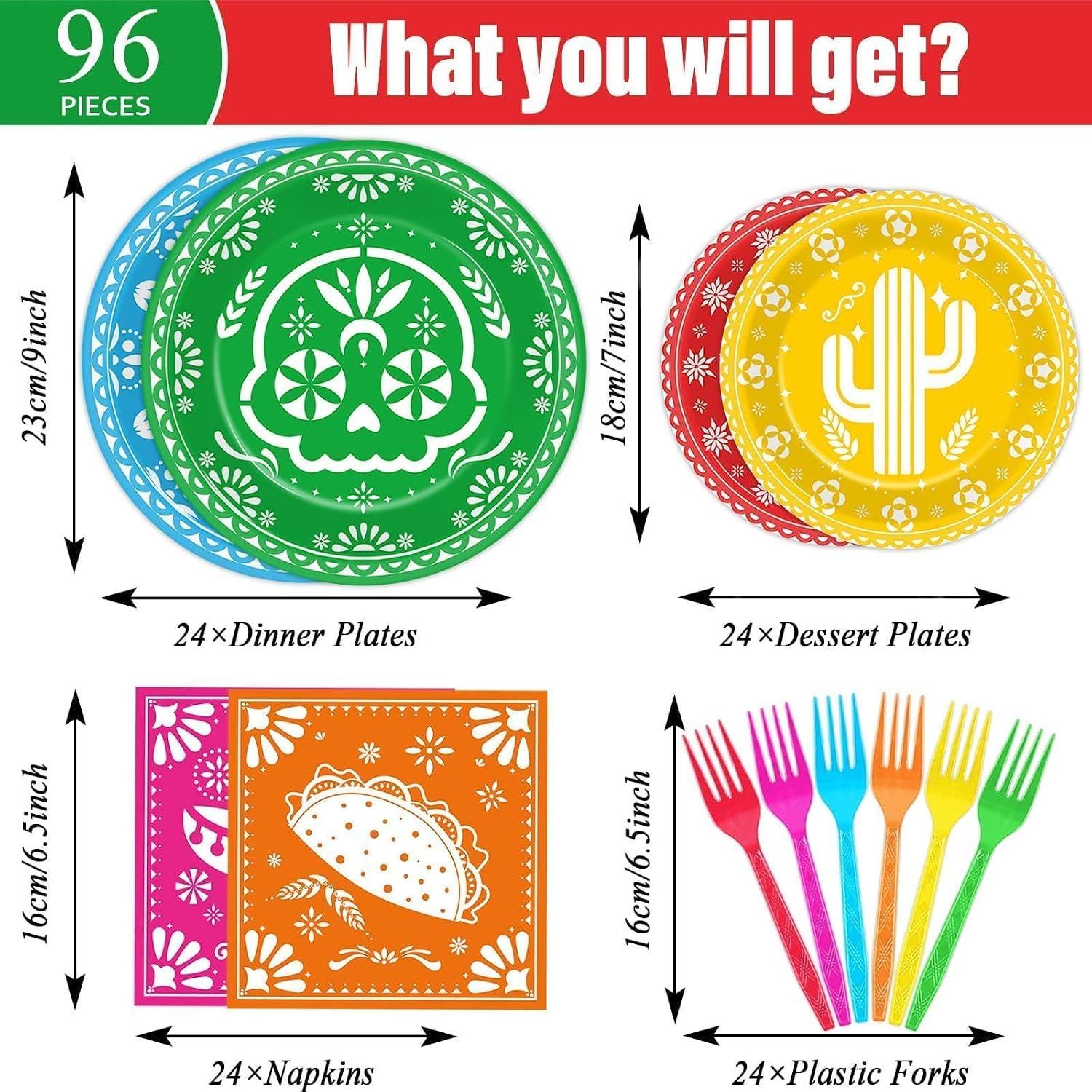 Mexican Fiesta Tableware Set, Papel Picado Plates Napkins, 24 Guests (96PCS)