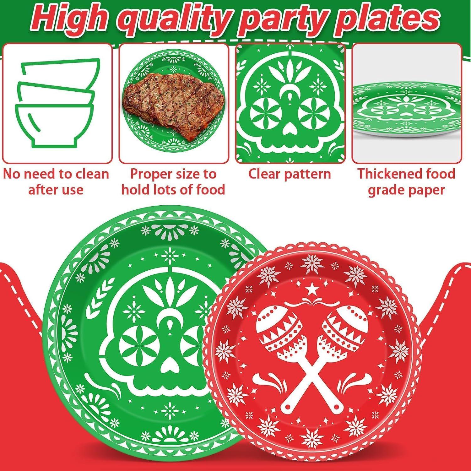 Mexican Fiesta Tableware Set, Papel Picado Plates Napkins, 24 Guests (96PCS)