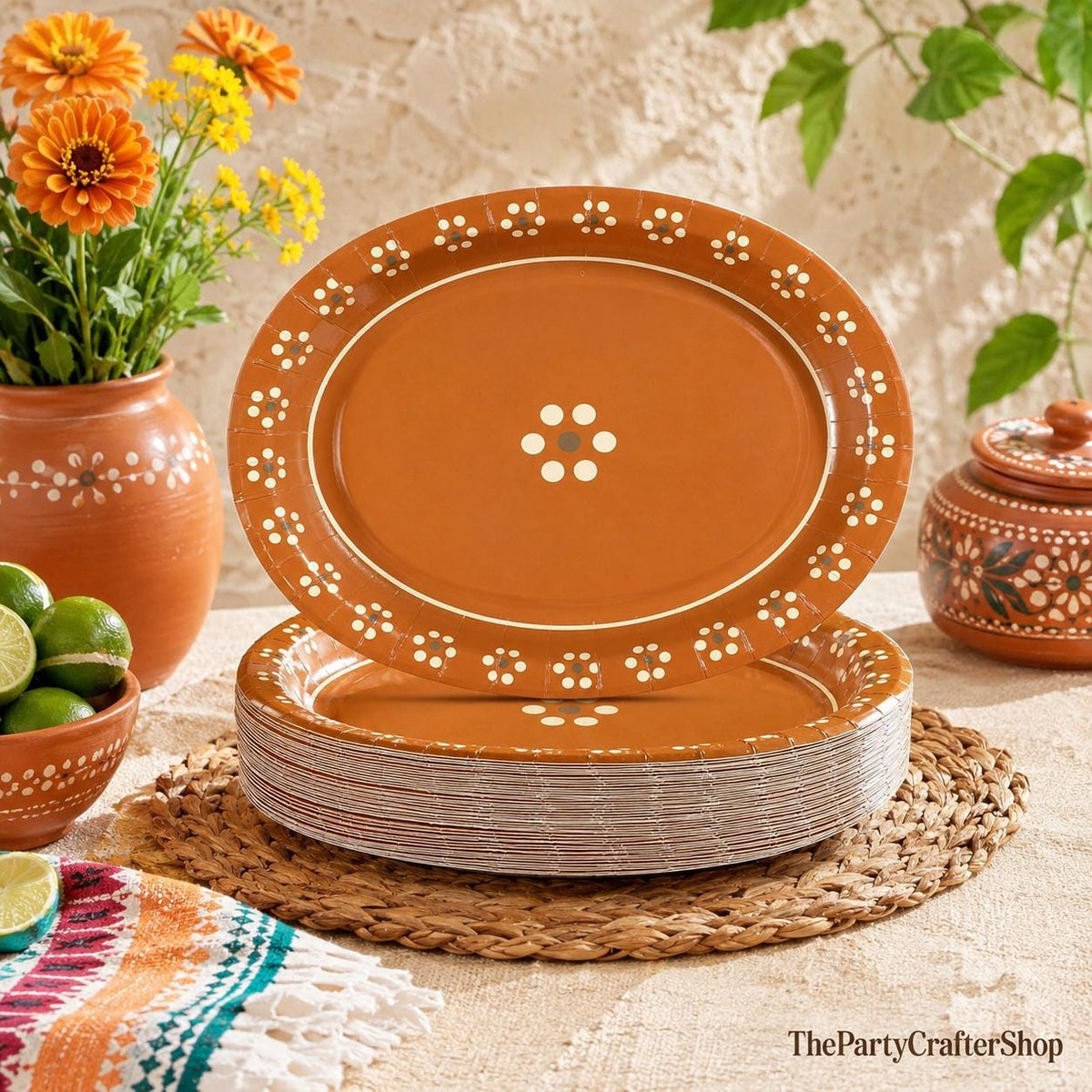 100 Mexican Independence Day Paper Plates, Terracotta Pottery Style Fiesta Decor