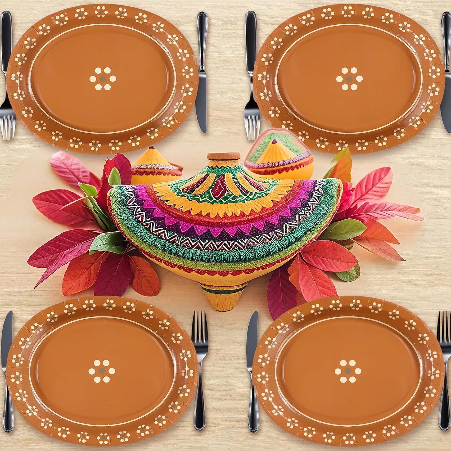 100 Mexican Independence Day Paper Plates, Terracotta Pottery Style Fiesta Decor
