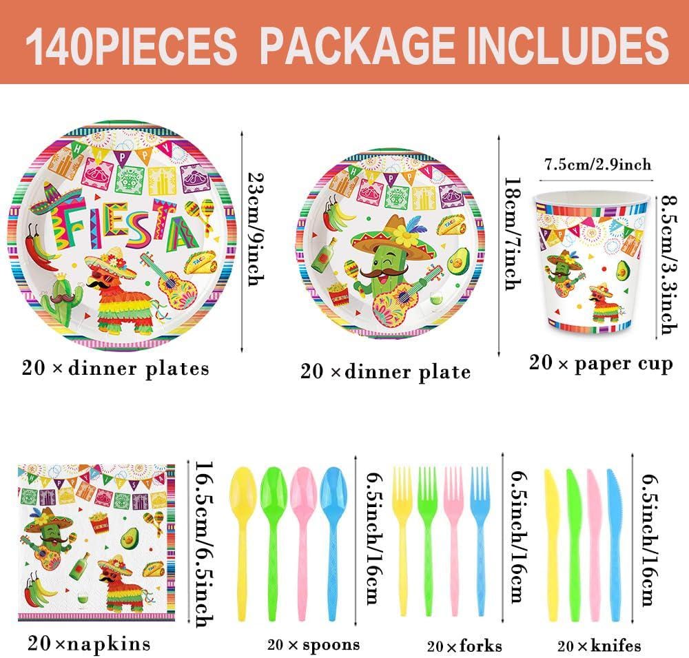 Mexican Fiesta Tableware Set, 140-Piece Party Supplies (20 Guests)