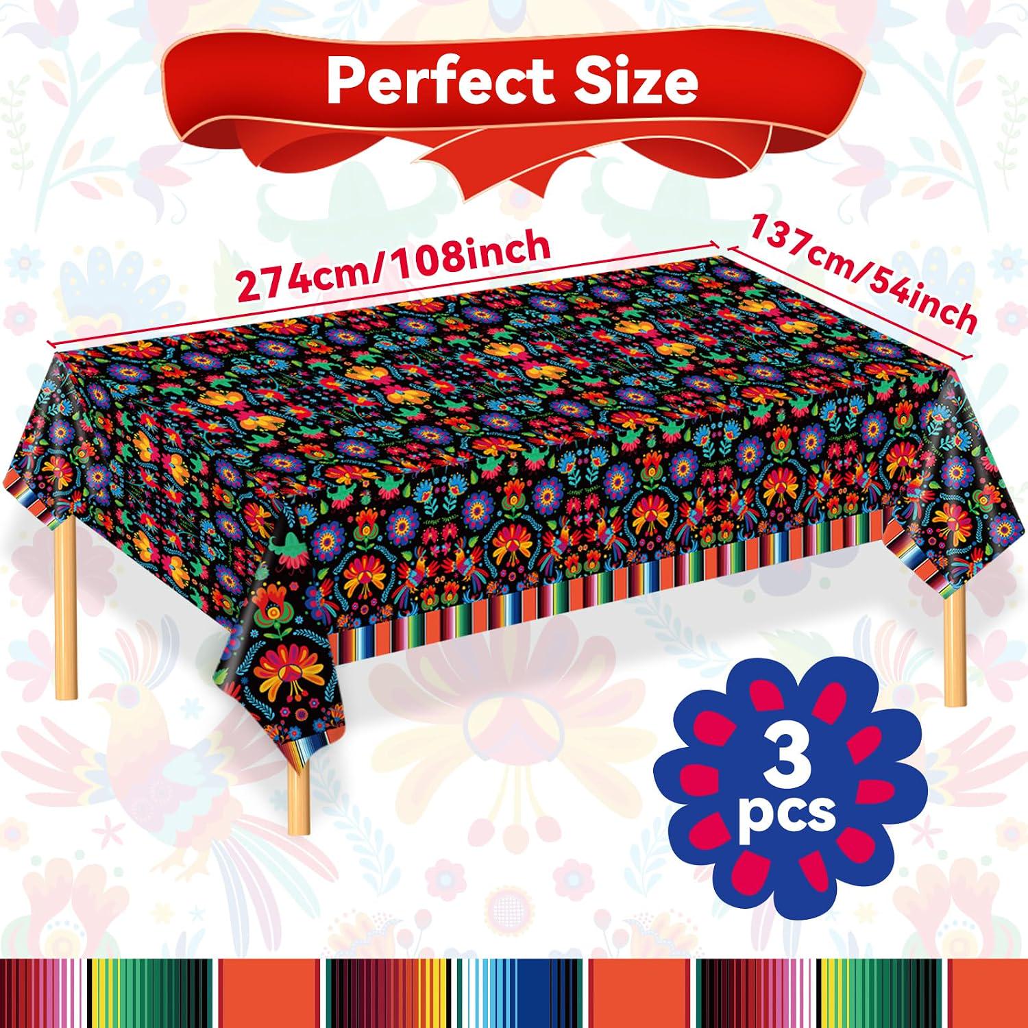Mexican Fiesta Tablecloth Set, Floral Serape Pattern, 54x108 Inch Plastic Covers (3PCS)