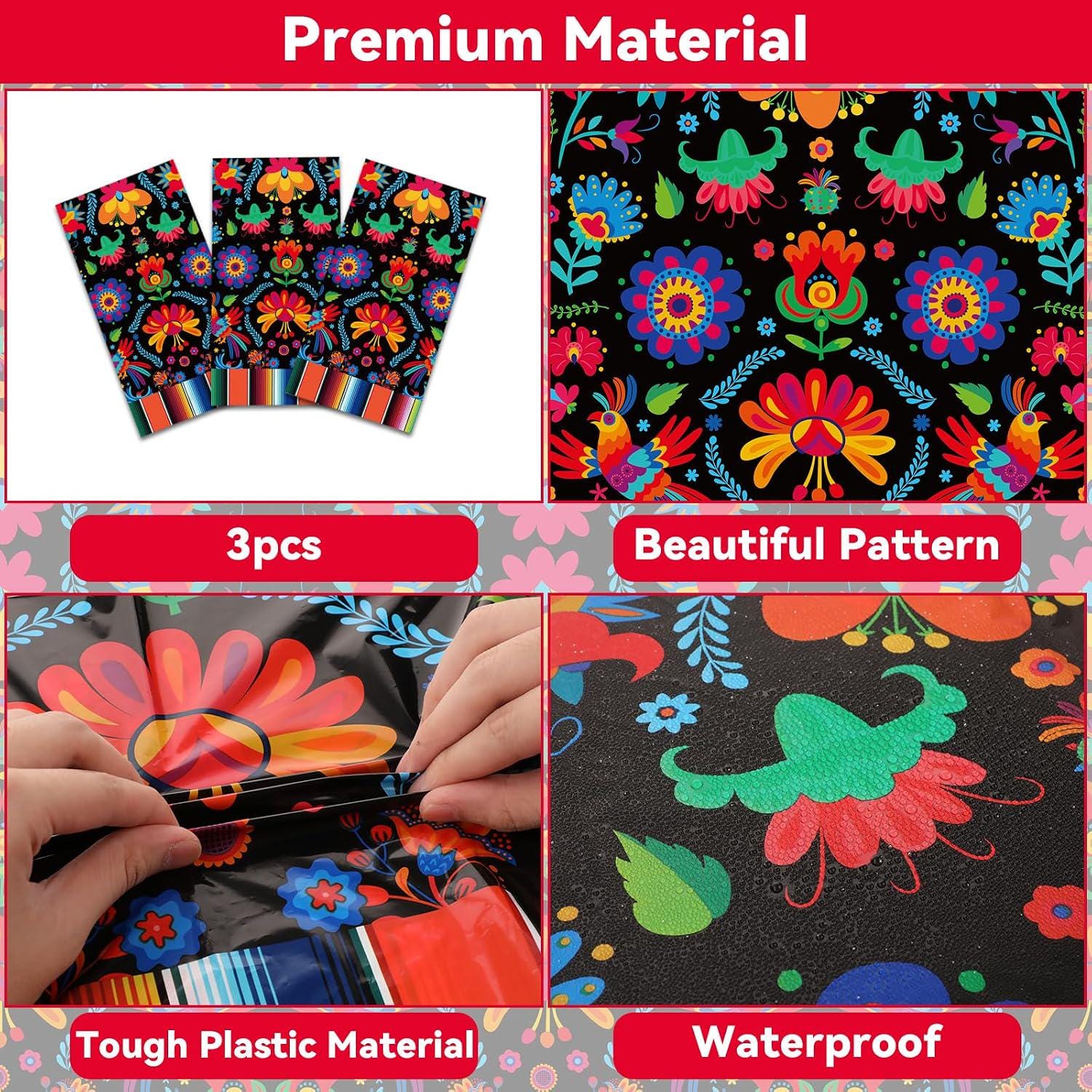 Mexican Fiesta Tablecloth Set, Floral Serape Pattern, 54x108 Inch Plastic Covers (3PCS)