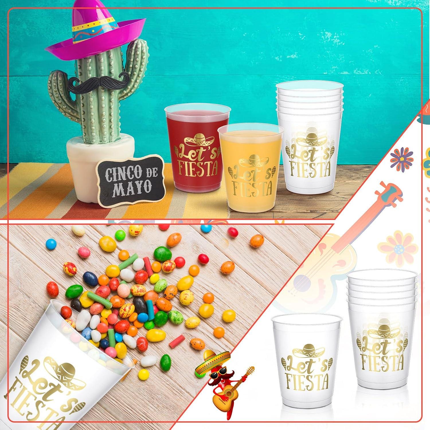 Mexican Fiesta Plastic Cups, 16oz Reusable Party Decor (24PCS)