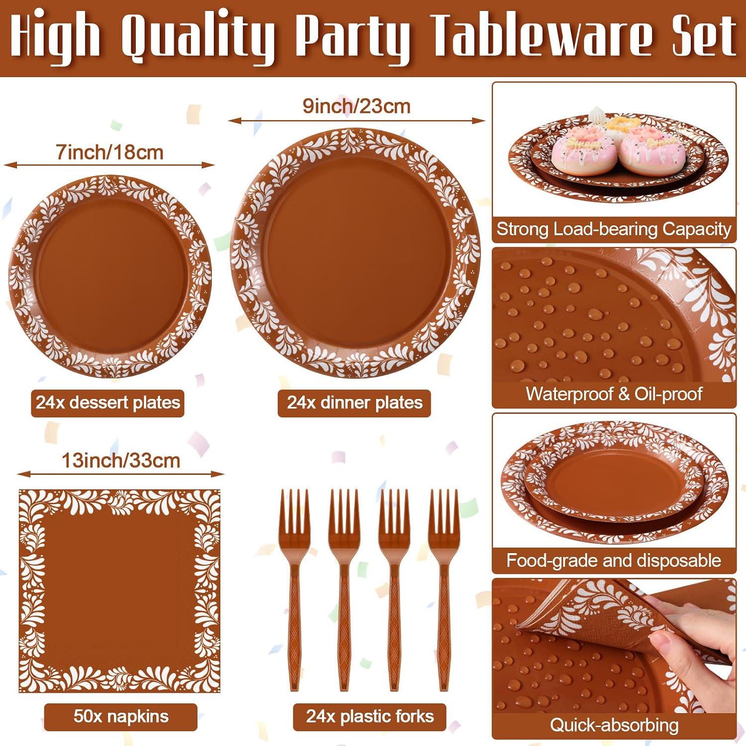 Mexican Fiesta Tableware Set, Floral Pattern Plates, Napkins, Forks (24 Guests)