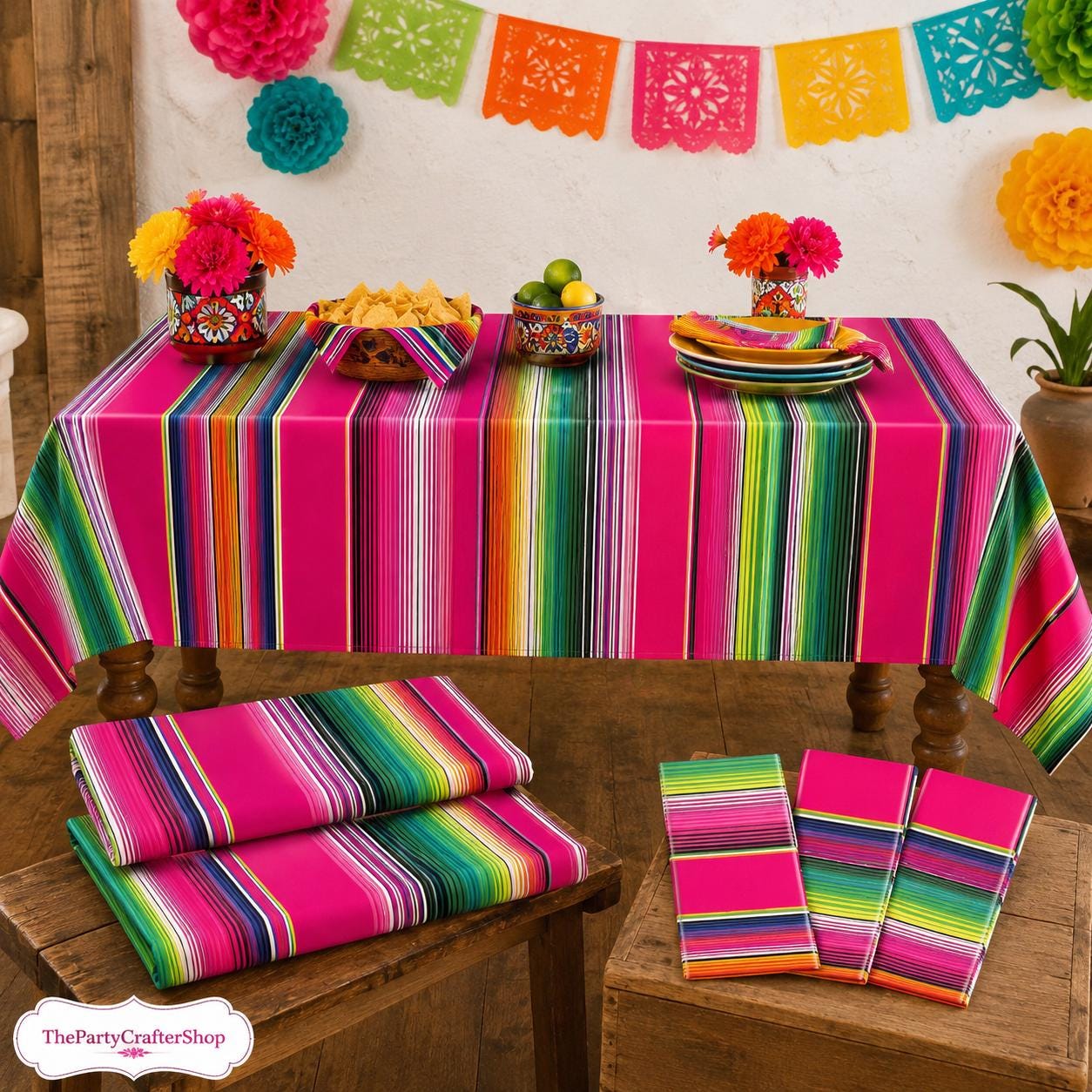 Mexican Fiesta Tablecloth Set, Serape Stripe Plastic Covers (108x54 Inch)