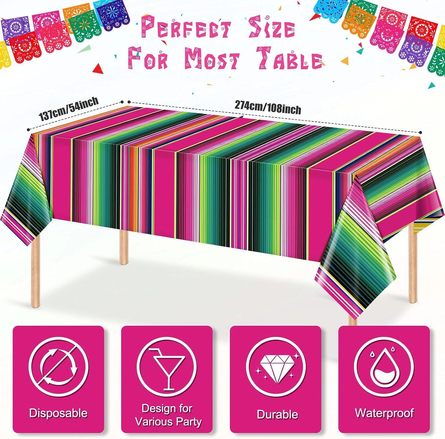 Mexican Fiesta Tablecloth Set, Serape Stripe Plastic Covers (108x54 Inch)
