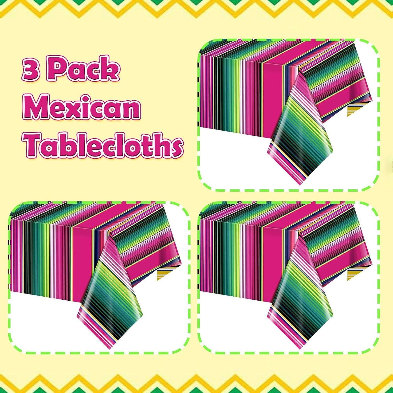Mexican Fiesta Tablecloth Set, Serape Stripe Plastic Covers (108x54 Inch)