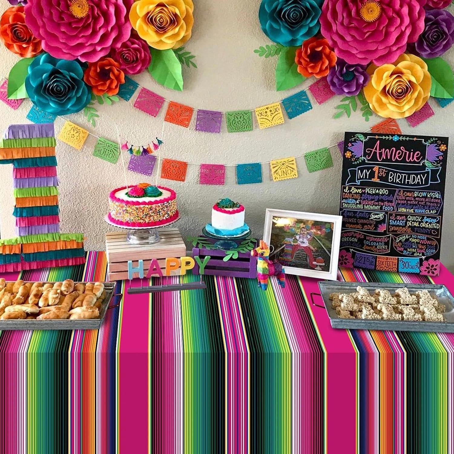 Mexican Fiesta Tablecloth Set, Serape Stripe Plastic Covers (108x54 Inch)