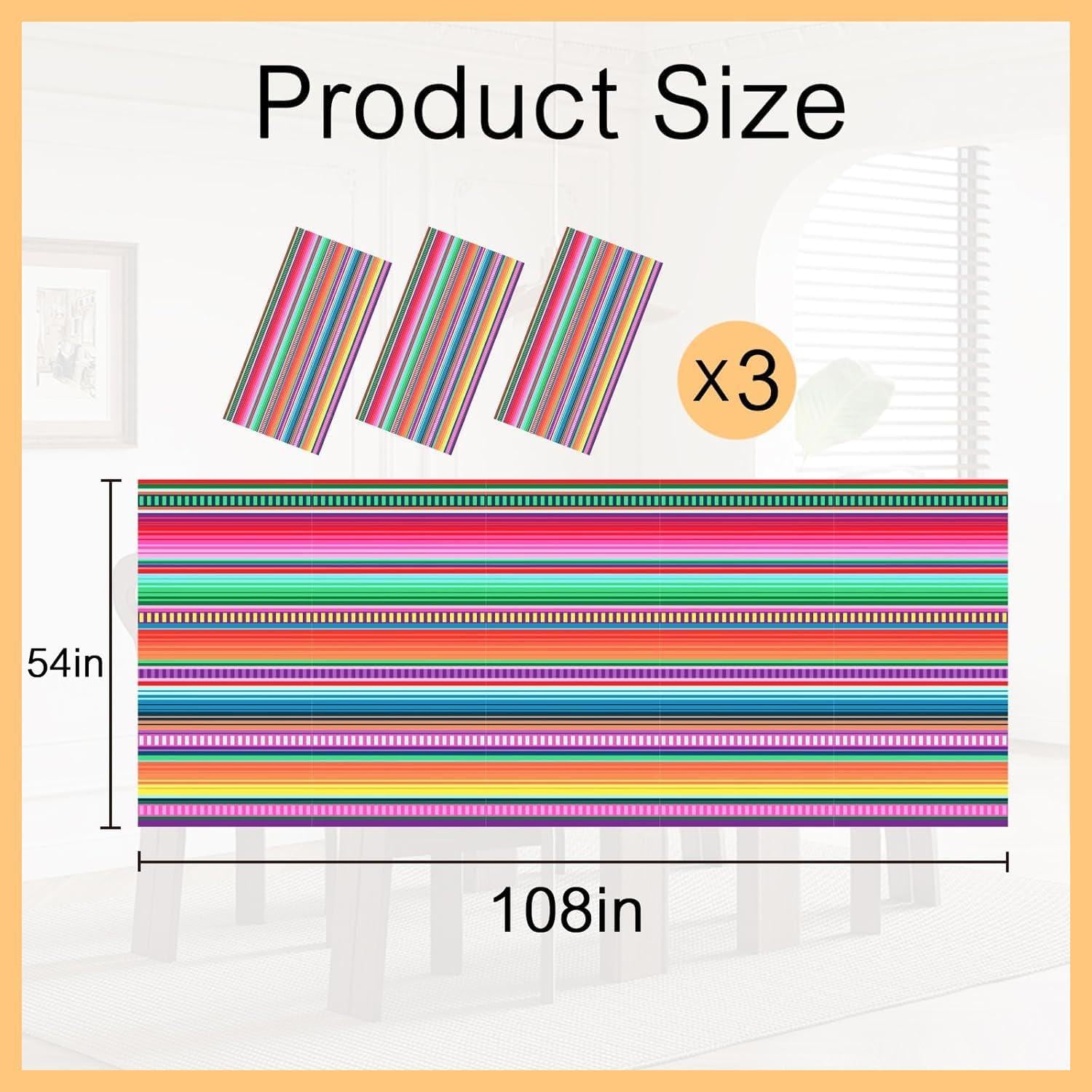 Mexican Serape Tablecloth Set, 3-Pack 54x108 Inch Striped Party Covers (Plastic)
