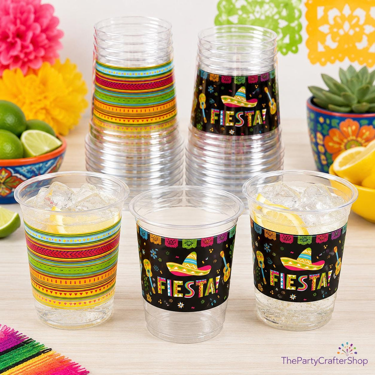 50pc Mexican Fiesta Cups, 12oz Clear Plastic Drinking Cups (Cinco de Mayo Party Supplies)