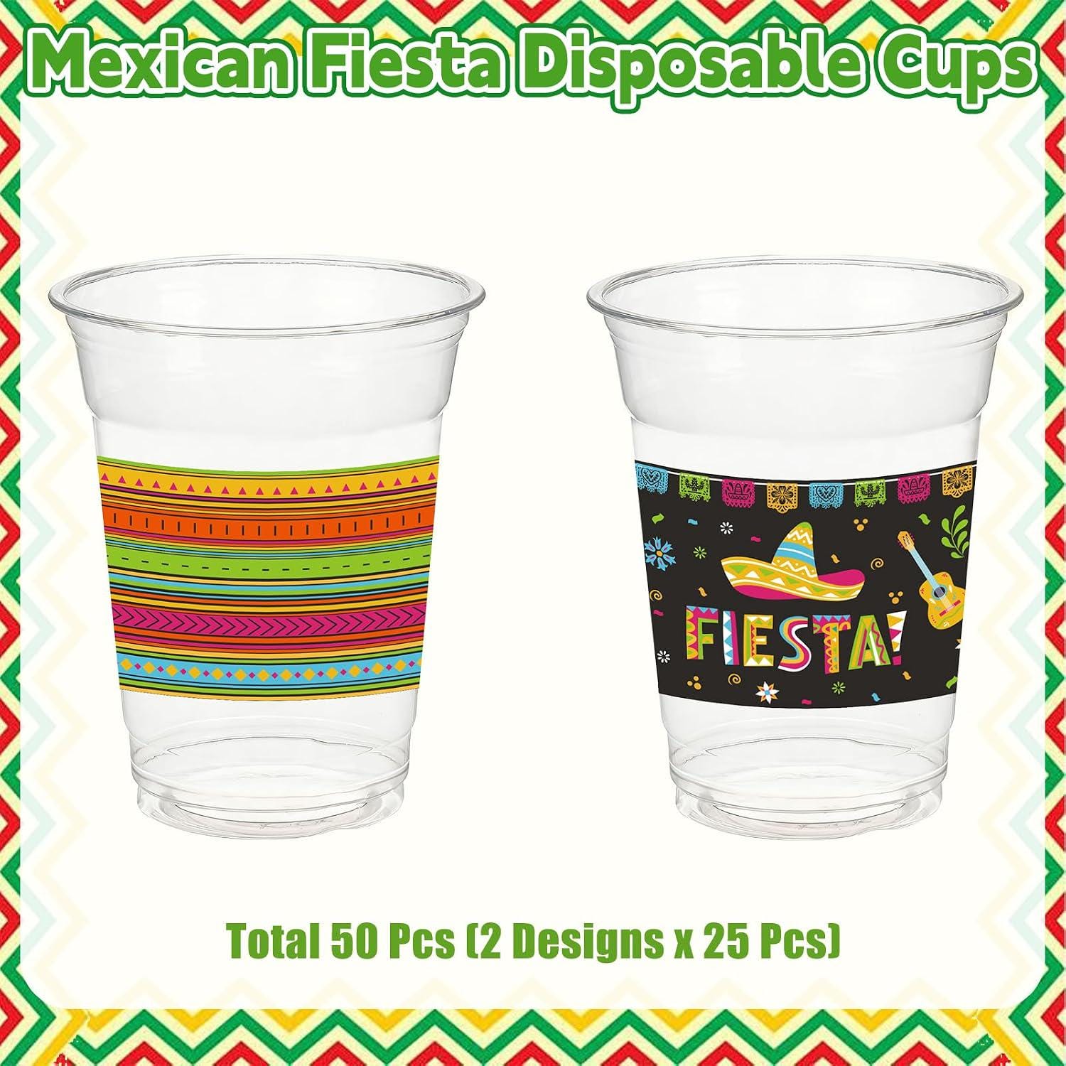 50pc Mexican Fiesta Cups, 12oz Clear Plastic Drinking Cups (Cinco de Mayo Party Supplies)