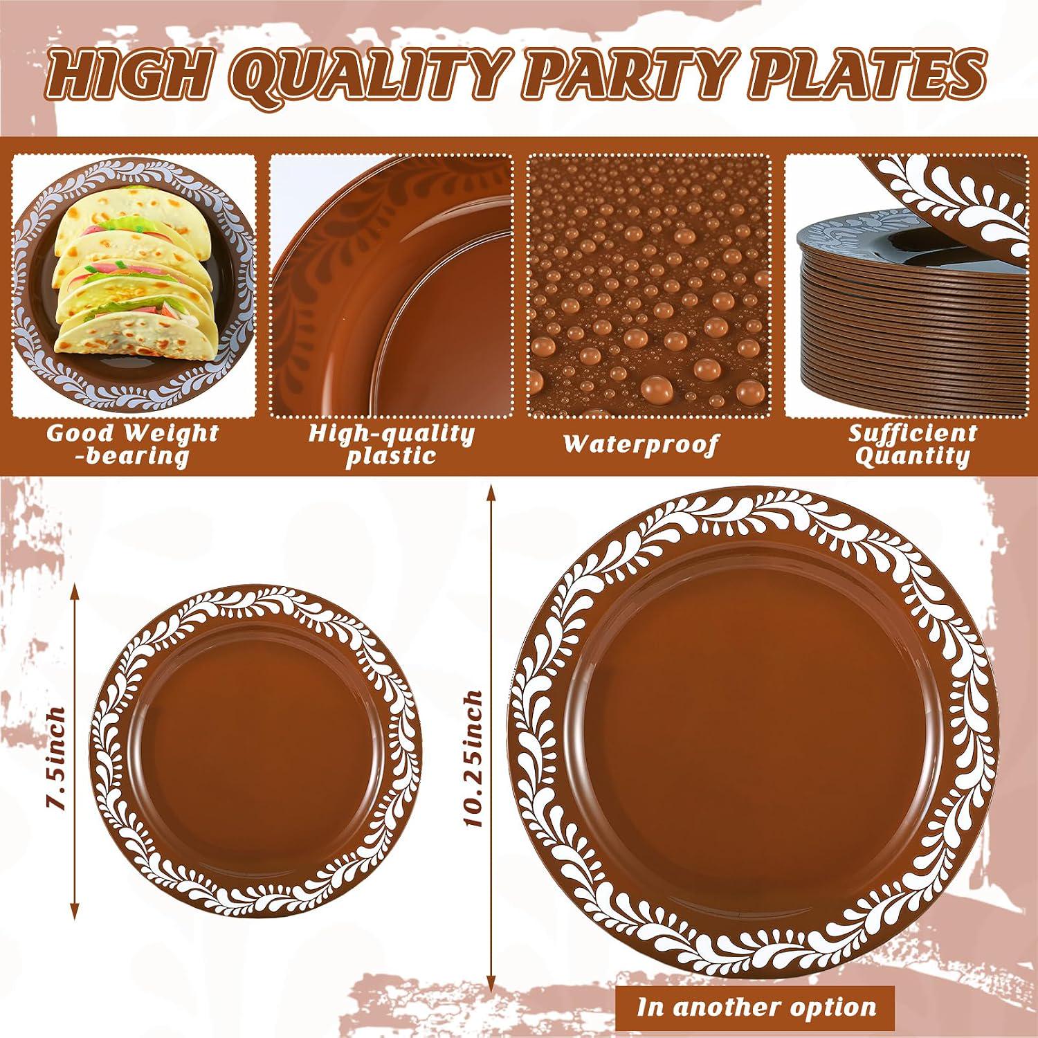 Mexican Talavera Style Plastic Plates, 7 Inch Brown Party Tableware (50 Pack)