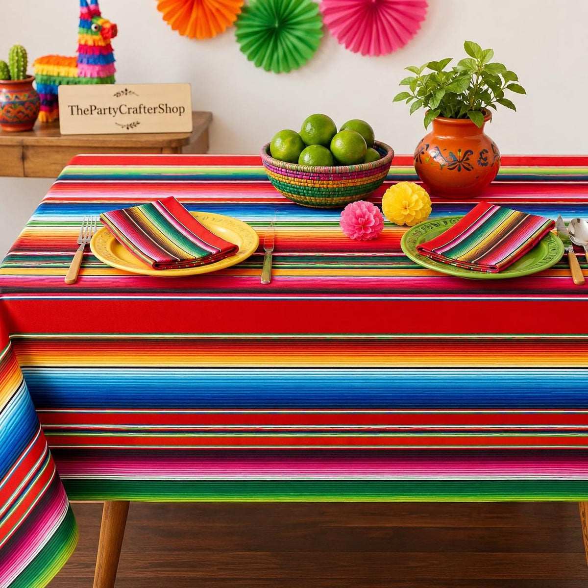Mexican Fiesta Tablecloth Set, Striped Plastic Covers (108x54 Inch)