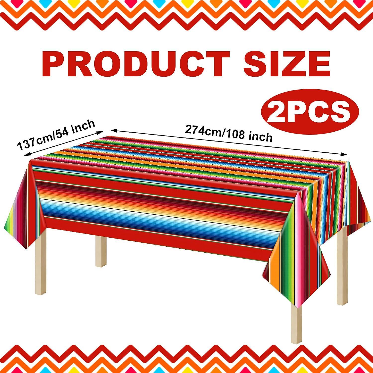 Mexican Fiesta Tablecloth Set, Striped Plastic Covers (108x54 Inch)