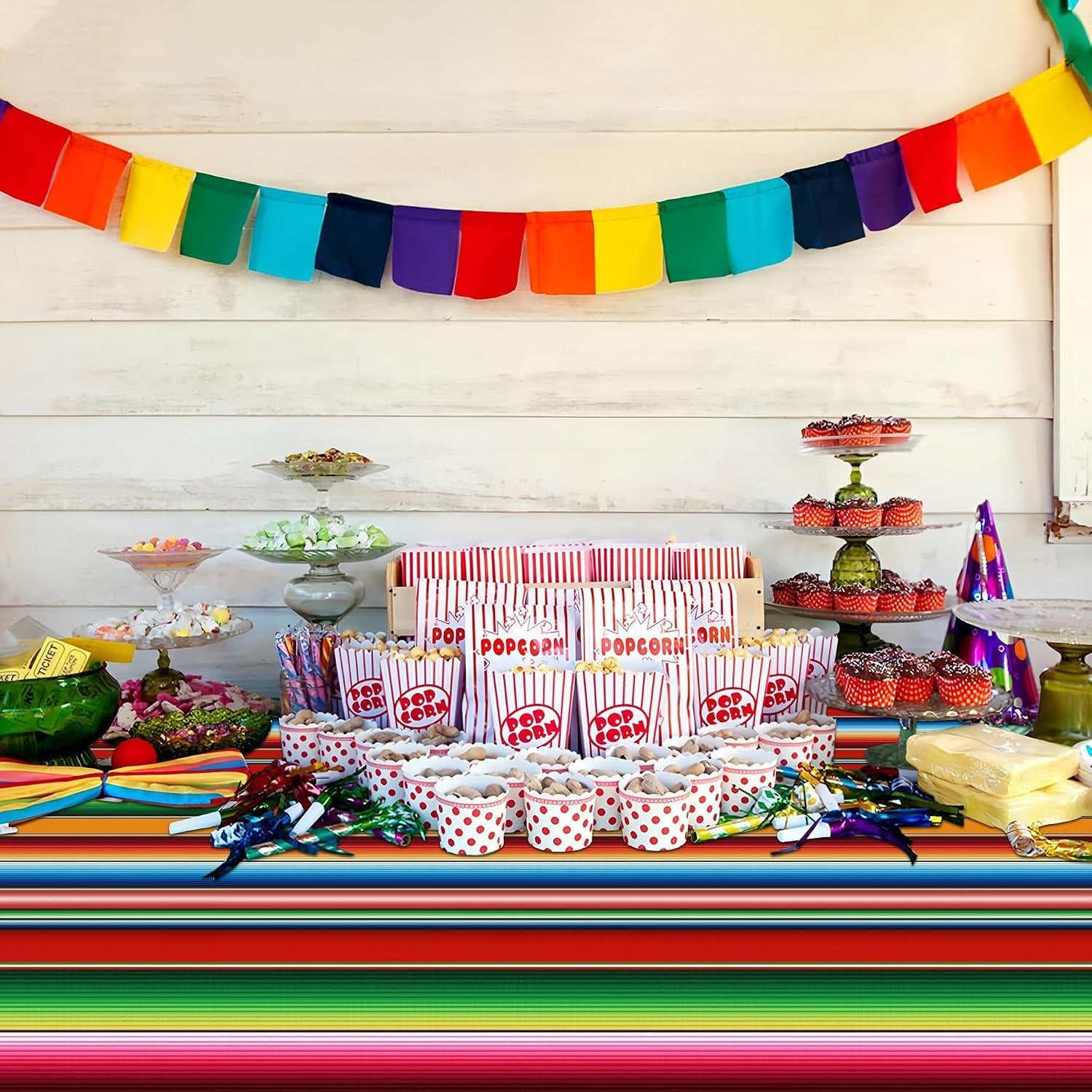 Mexican Fiesta Tablecloth Set, Striped Plastic Covers (108x54 Inch)